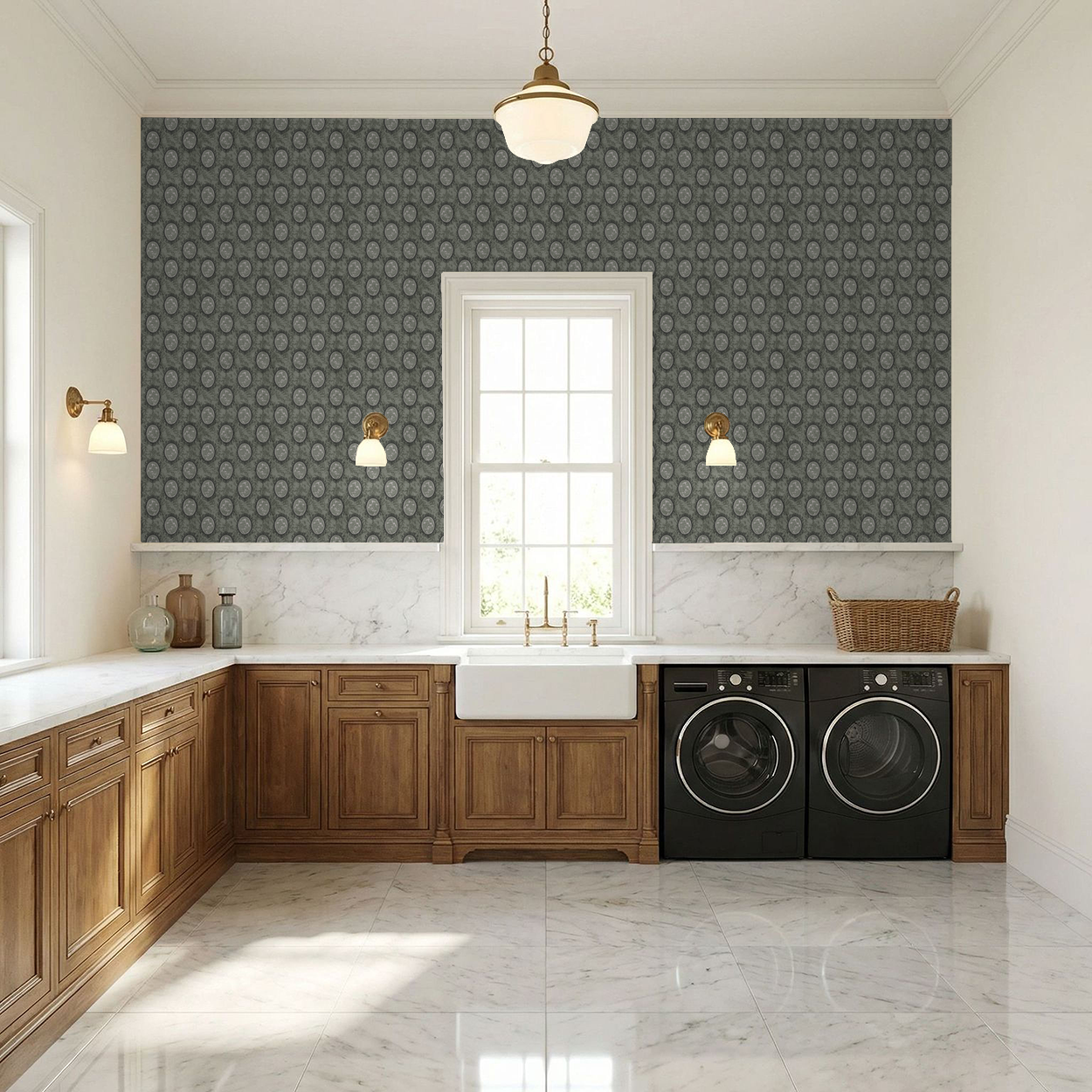 Vintage floral cameo brown wallpaper in elegant laundry room with wood cabinets.
