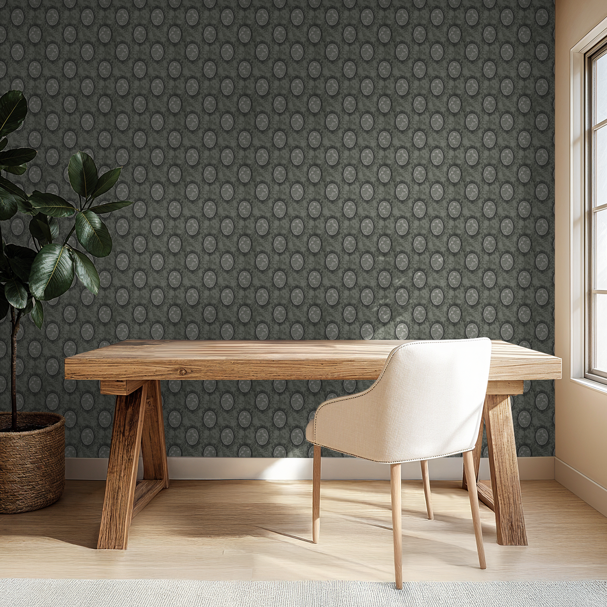 Vintage floral cameo wallpaper in taupe and charcoal in a modern study with wooden desk and chair.