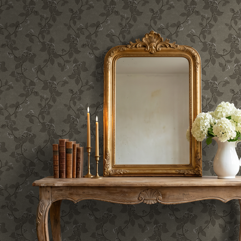 Vintage floral vine wallpaper in earthy tones with ornate mirror and rustic table setting.