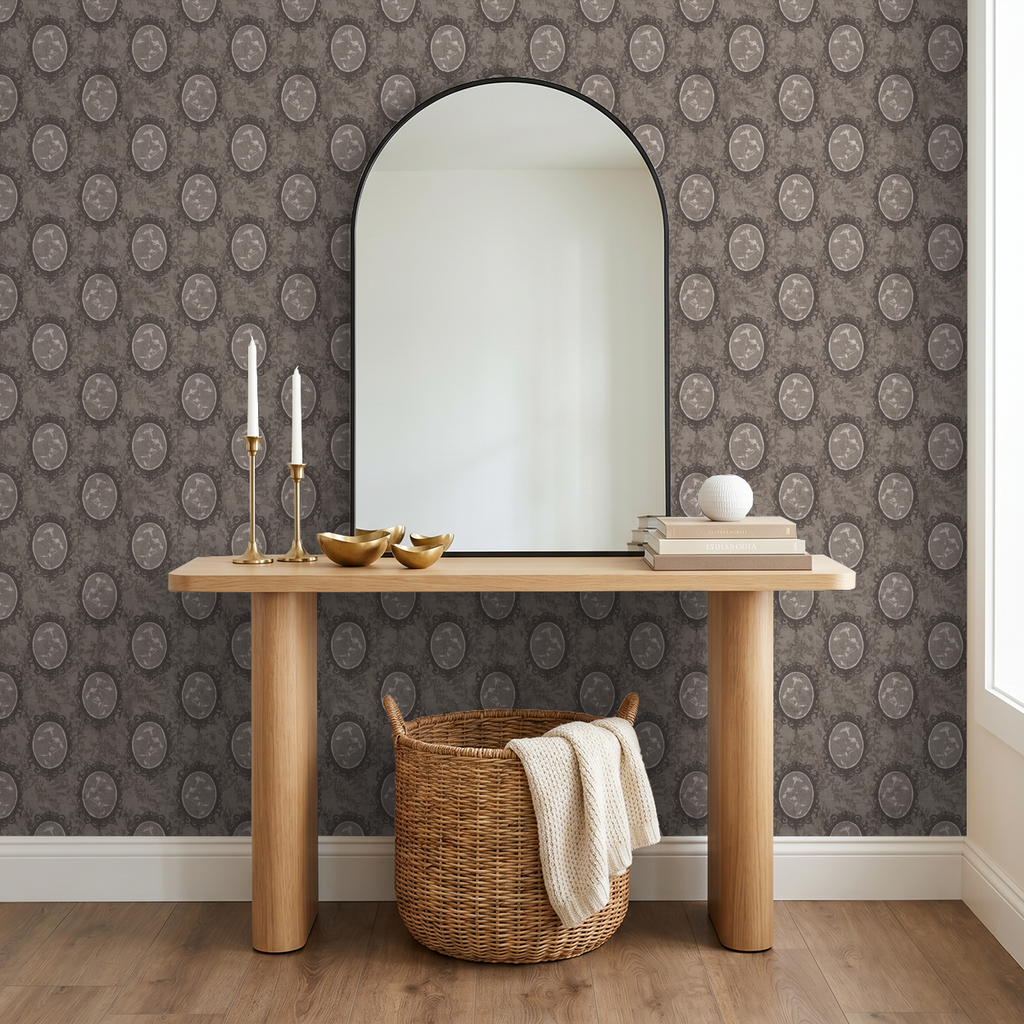 Vintage floral wallpaper with oval frames in a stylish entryway with mirror and decor.