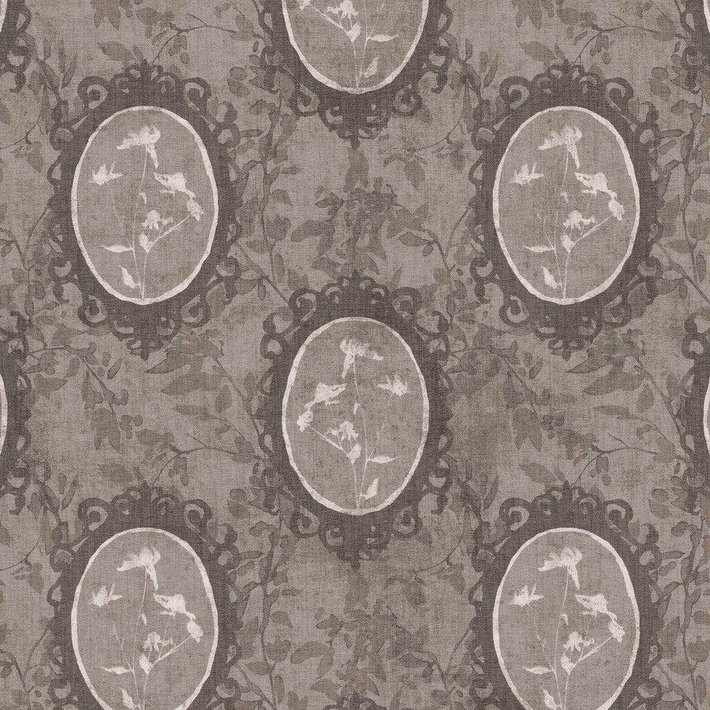 Vintage floral wallpaper with taupe and charcoal cameo frames