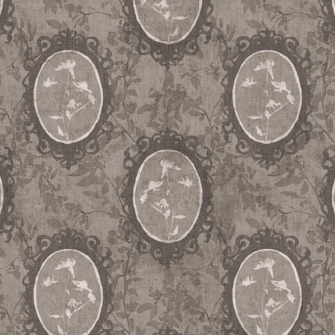 Vintage floral wallpaper with taupe and charcoal cameo frames