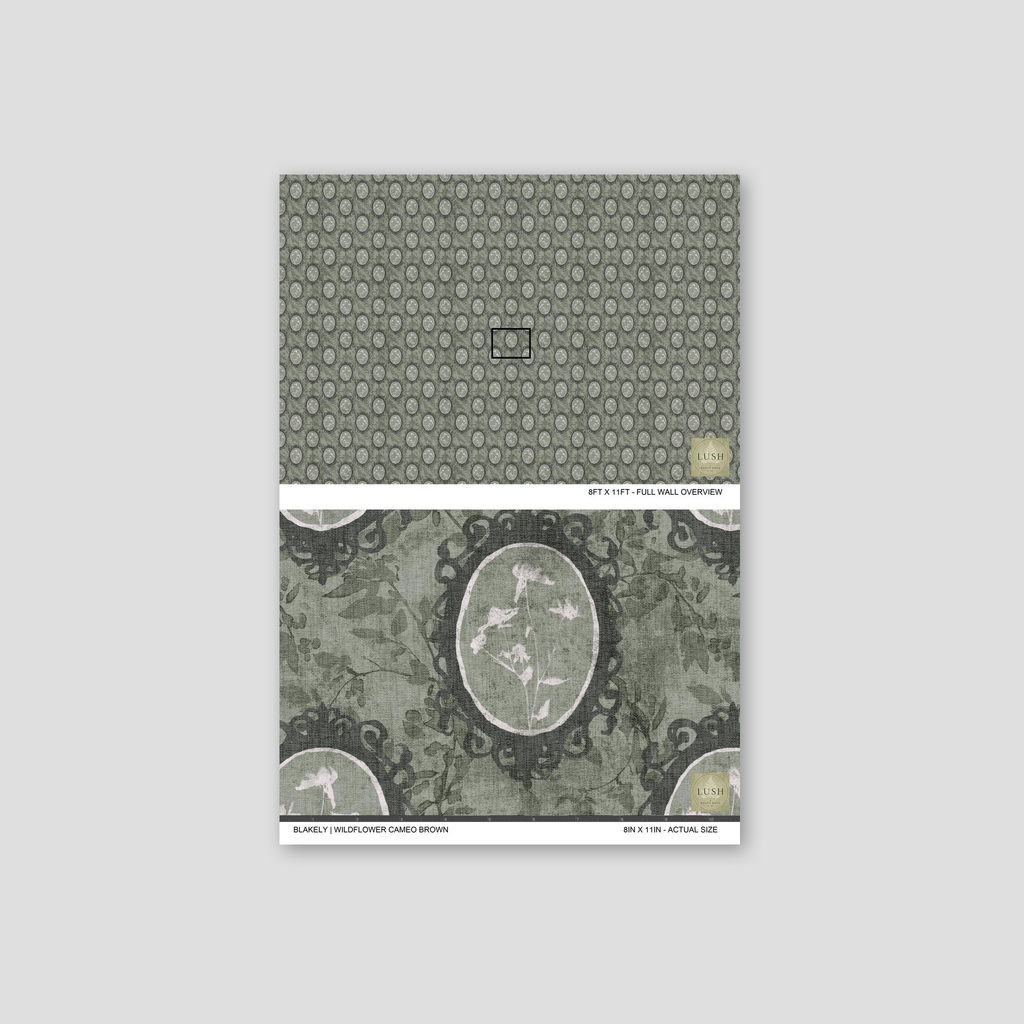 Vintage floral wallpaper with oval frames in taupe and charcoal tones.
