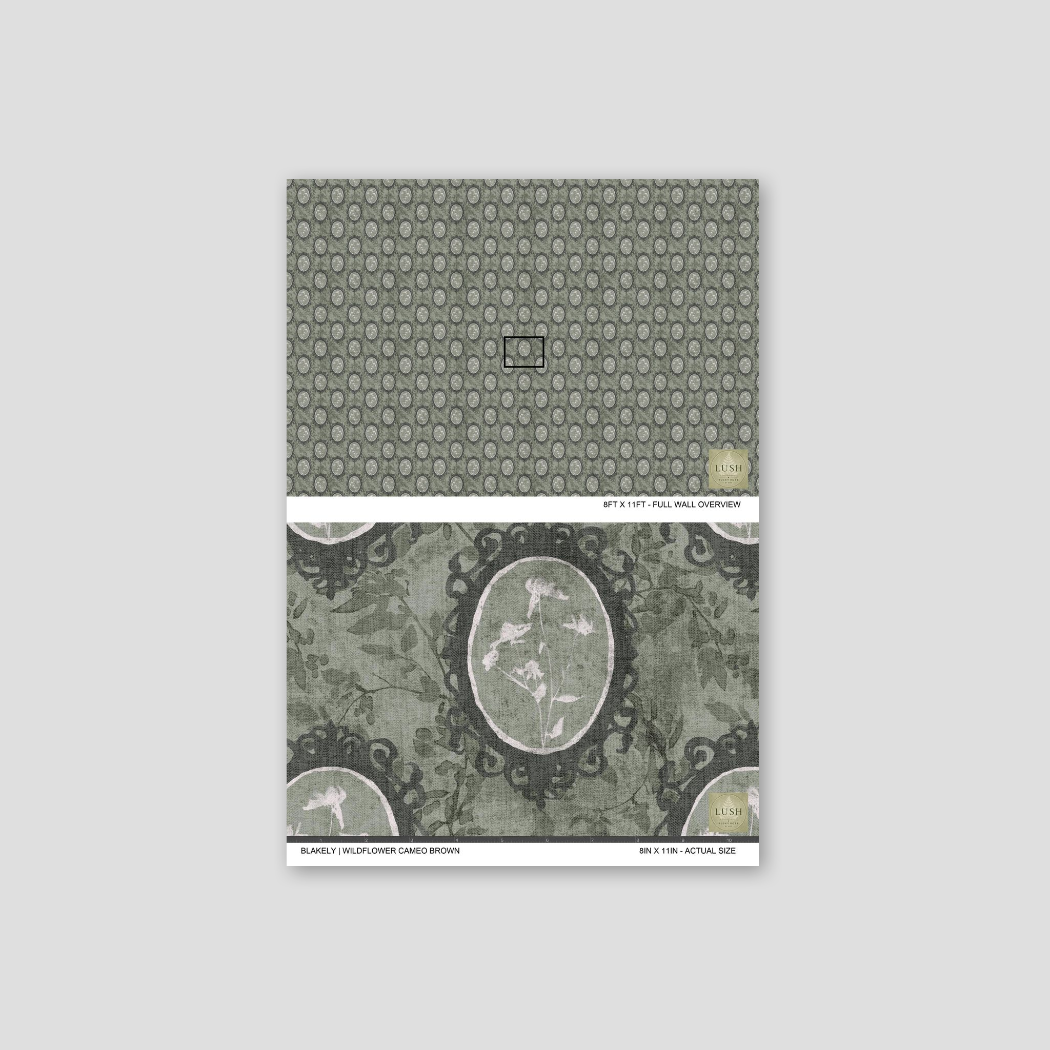 Vintage floral wallpaper with oval frames in taupe and charcoal tones.
