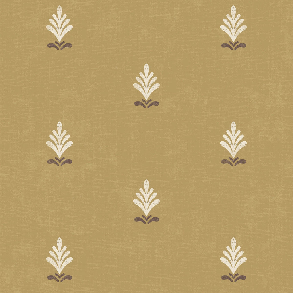 Vintage ochre wallpaper with cream and brown symmetrical motifs