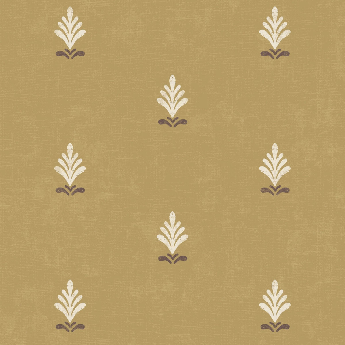 Vintage ochre wallpaper with cream and brown symmetrical motifs