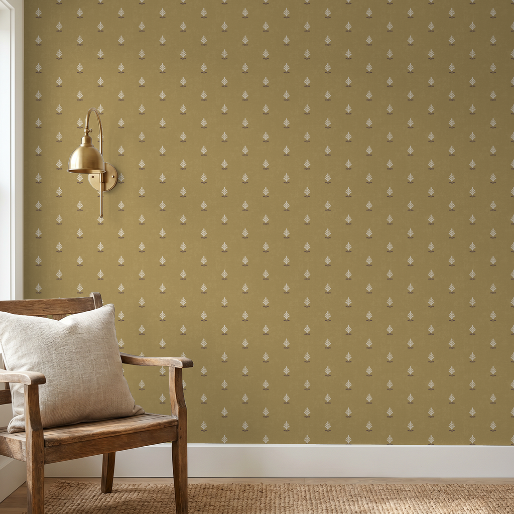Vintage ochre wallpaper with cream motifs in cozy room setting