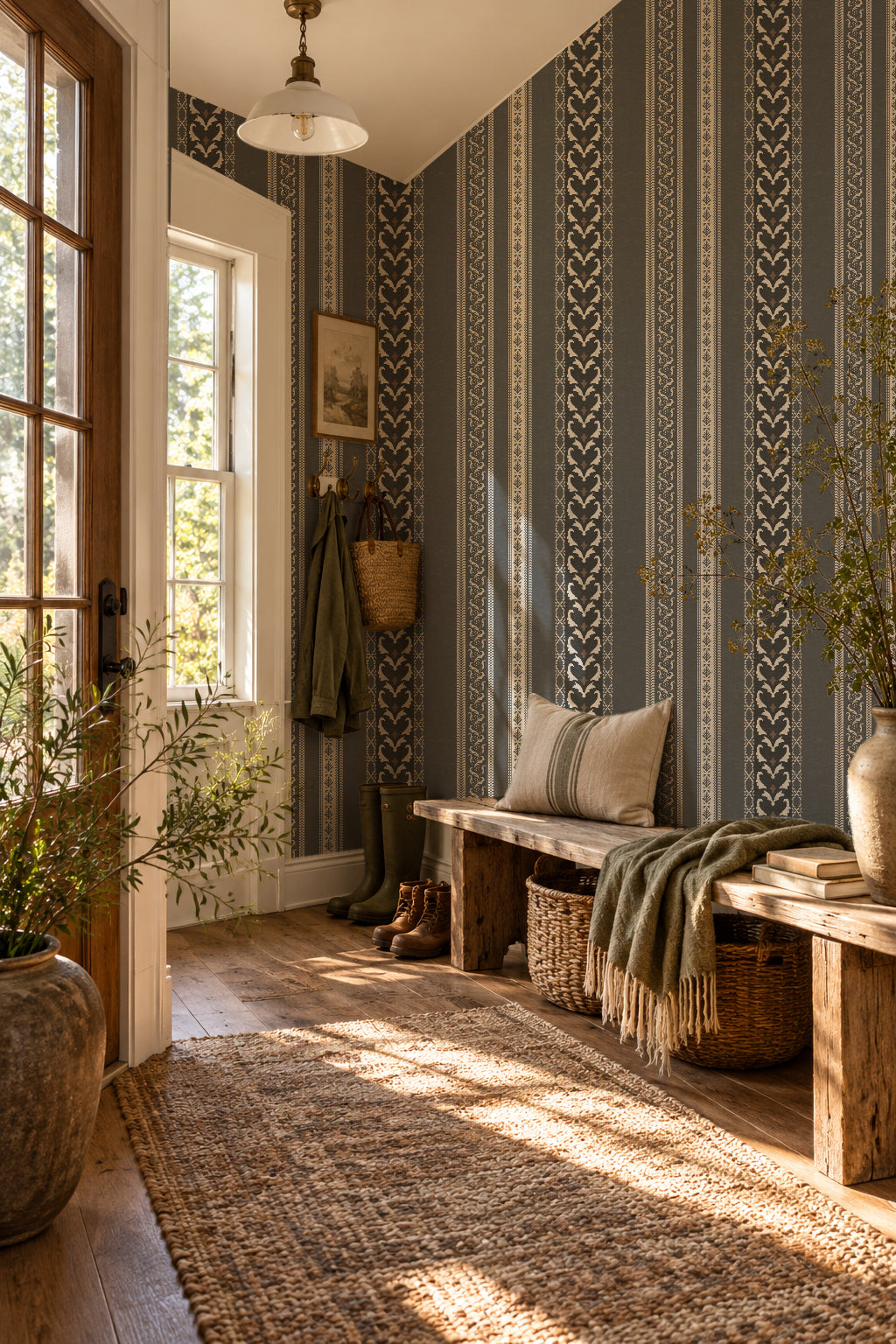 Vintage ornamental stripe charcoal wallpaper in rustic entryway with bench and plants.