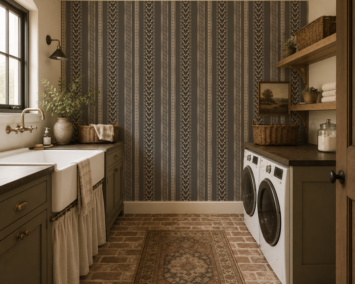 Vintage ornamental stripe charcoal wallpaper in rustic laundry room.