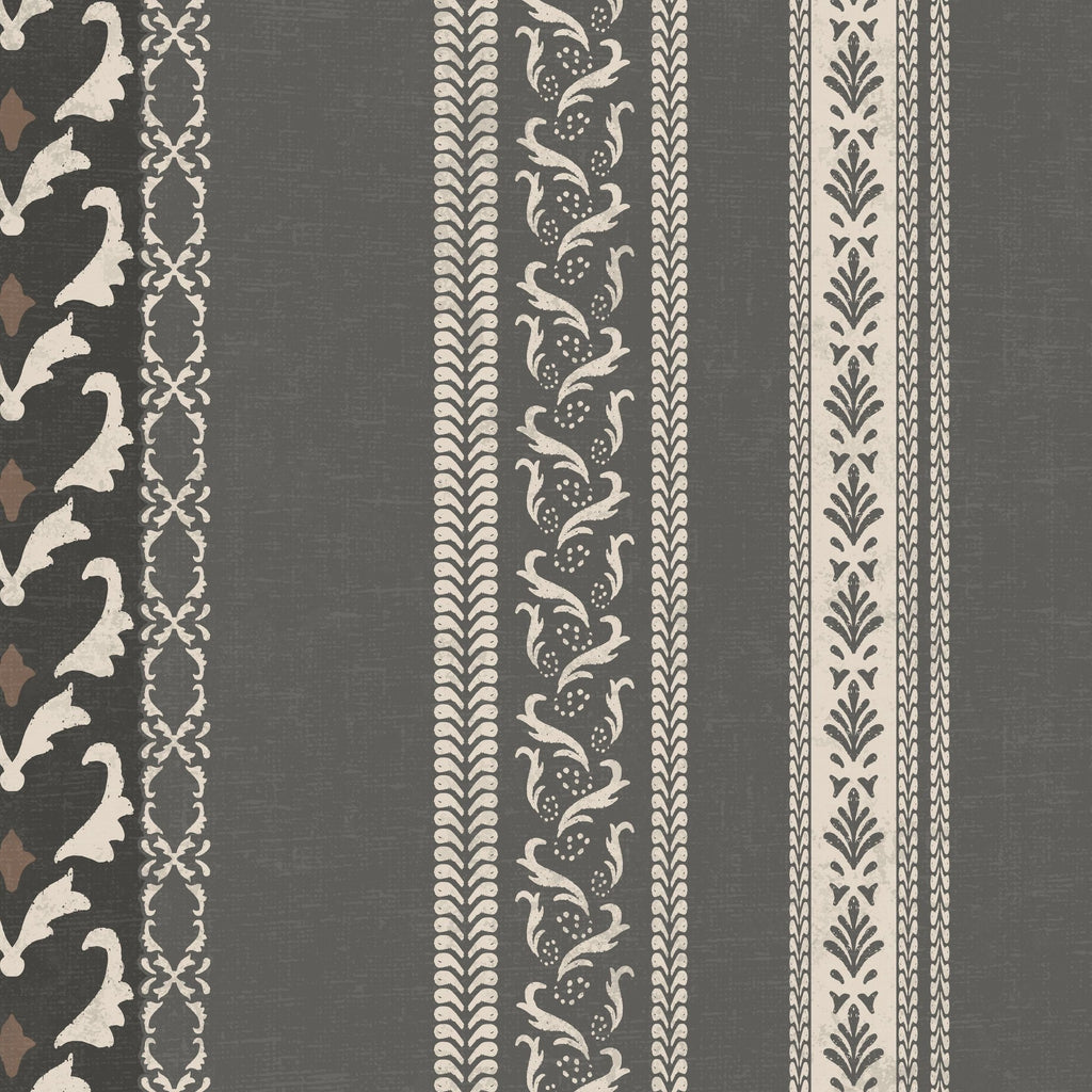 Vintage ornamental stripe wallpaper in charcoal with cream motifs