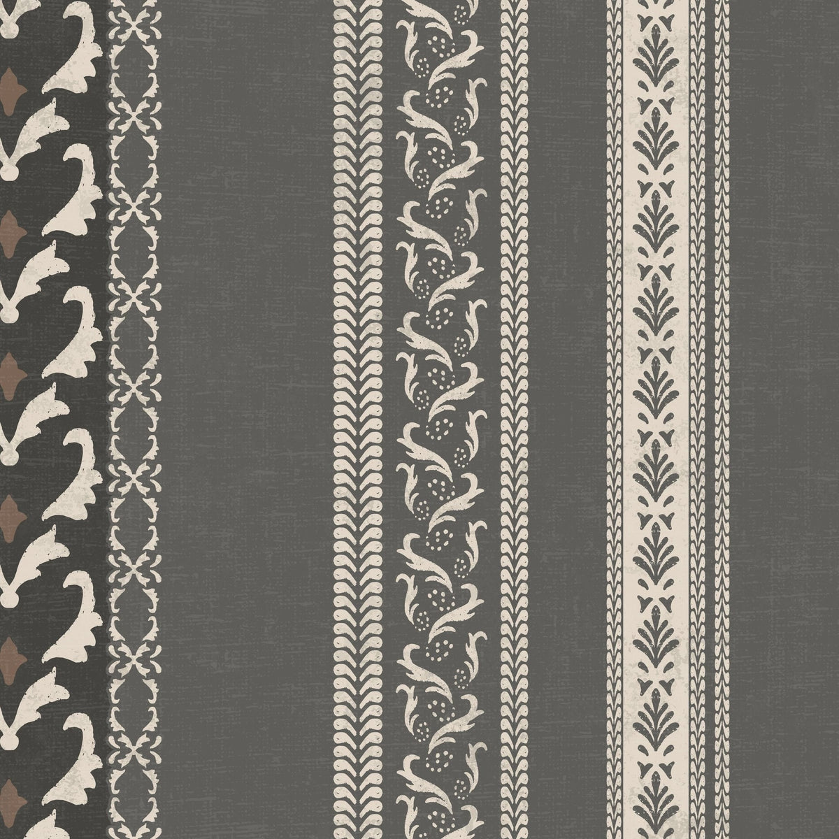 Vintage ornamental stripe wallpaper in charcoal with cream motifs