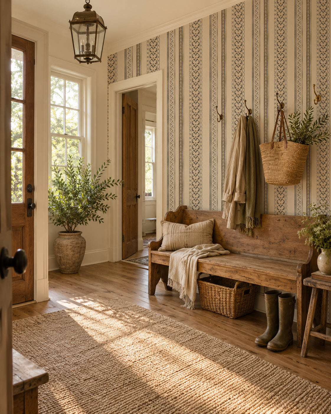 Vintage ornamental stripe wallpaper in rustic entryway with wooden bench and decor.