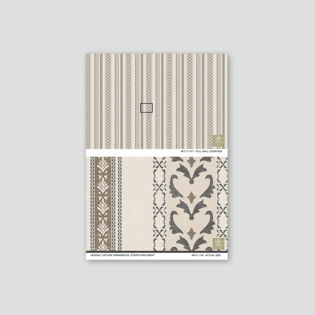 Vintage ornamental stripe wallpaper in taupe and charcoal with intricate motifs.