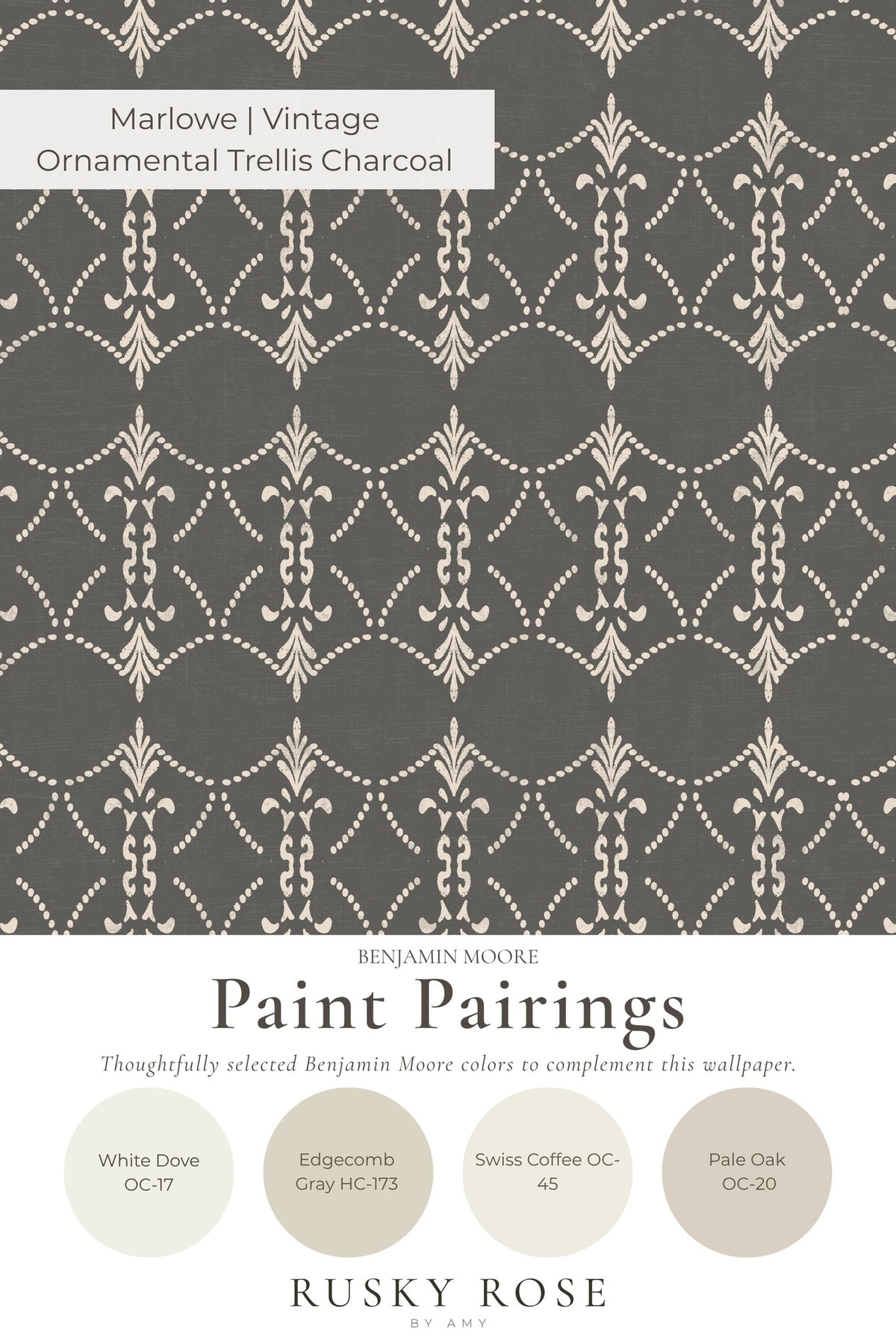Vintage ornamental trellis wallpaper in charcoal with cream motifs.