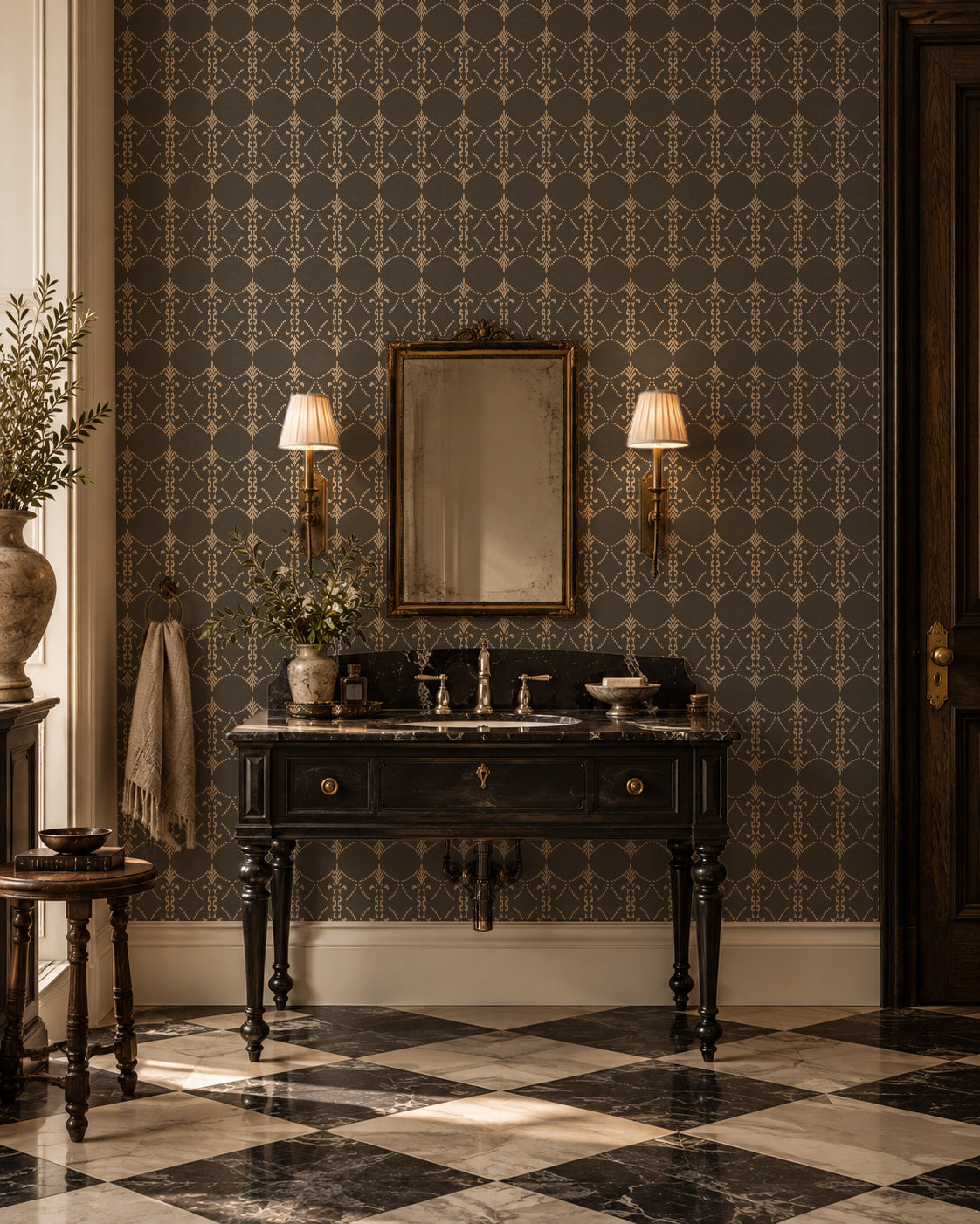 Vintage ornamental trellis charcoal wallpaper in elegant bathroom setting with classic decor.