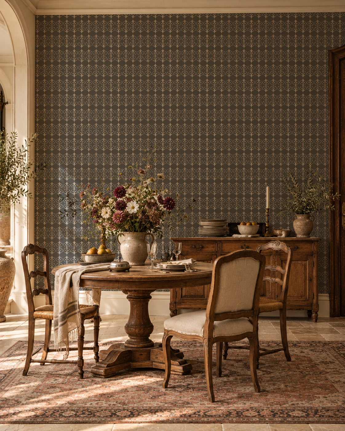 Vintage ornamental trellis charcoal wallpaper in elegant dining room setting.