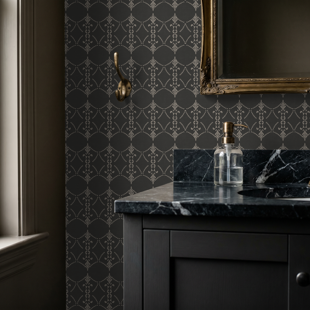 Vintage ornamental trellis wallpaper in charcoal with cream motifs in elegant bathroom setting.