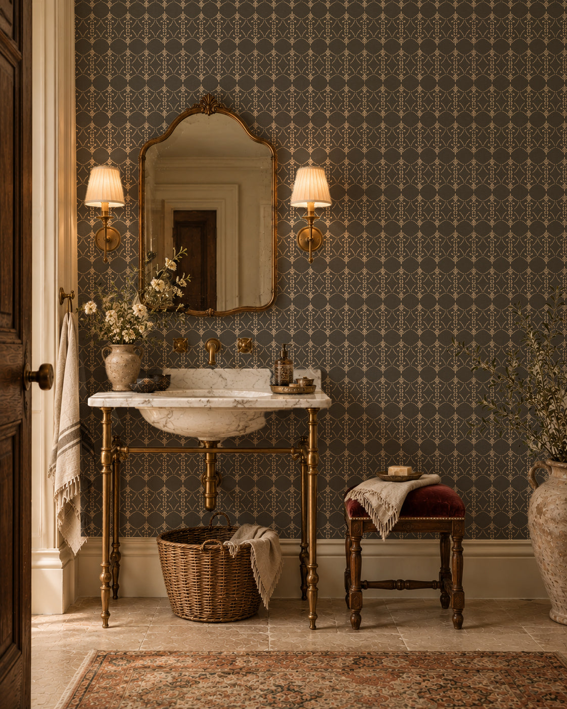Vintage ornamental trellis charcoal wallpaper in elegant bathroom setting with gold accents.