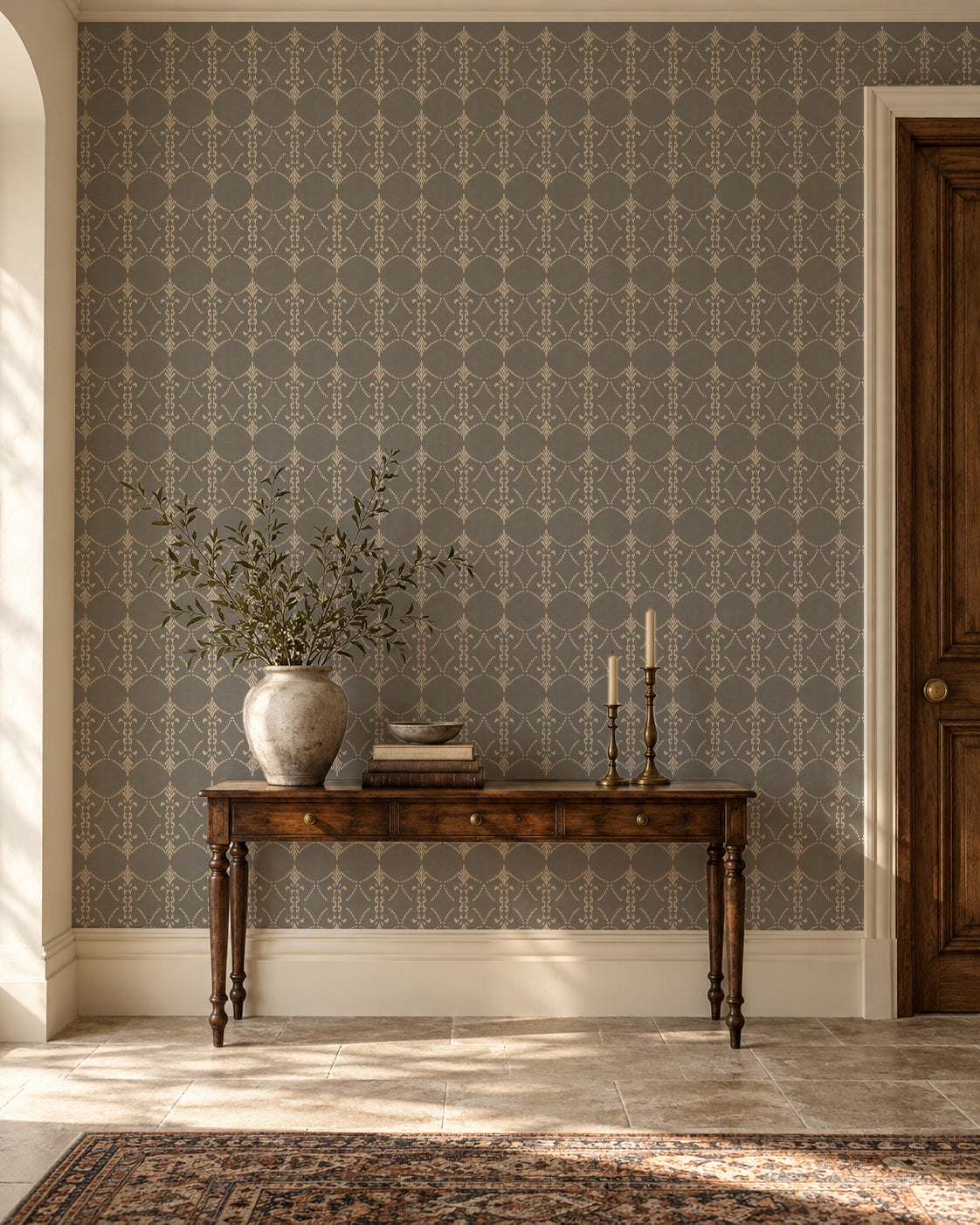 Vintage ornamental trellis wallpaper in soft grey and cream in elegant room.