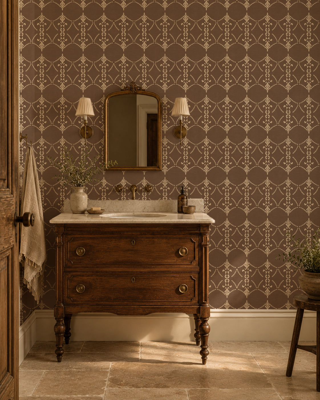 Vintage ornamental trellis mocha wallpaper in classic bathroom setting.