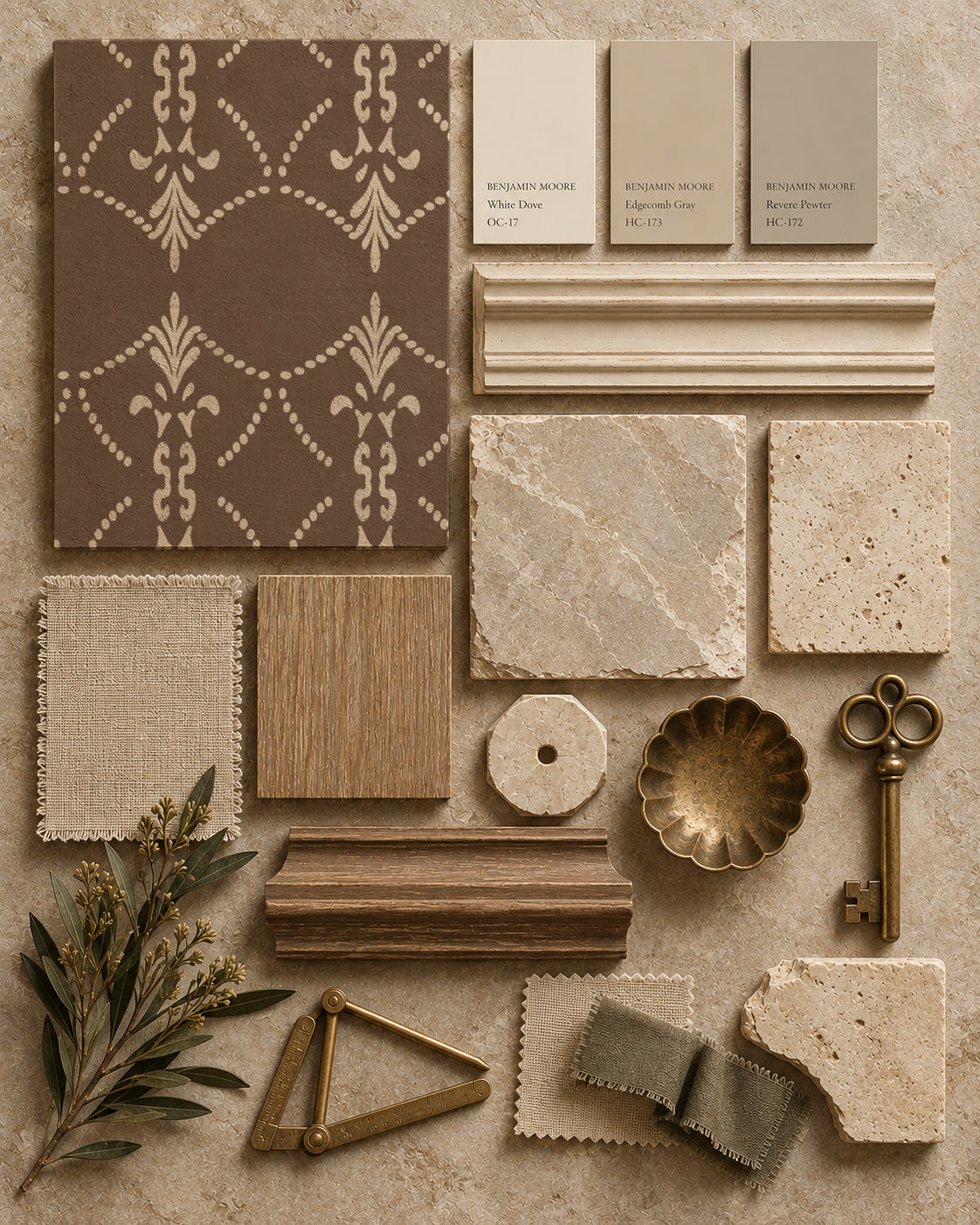 Vintage ornamental trellis mocha wallpaper with decor samples.