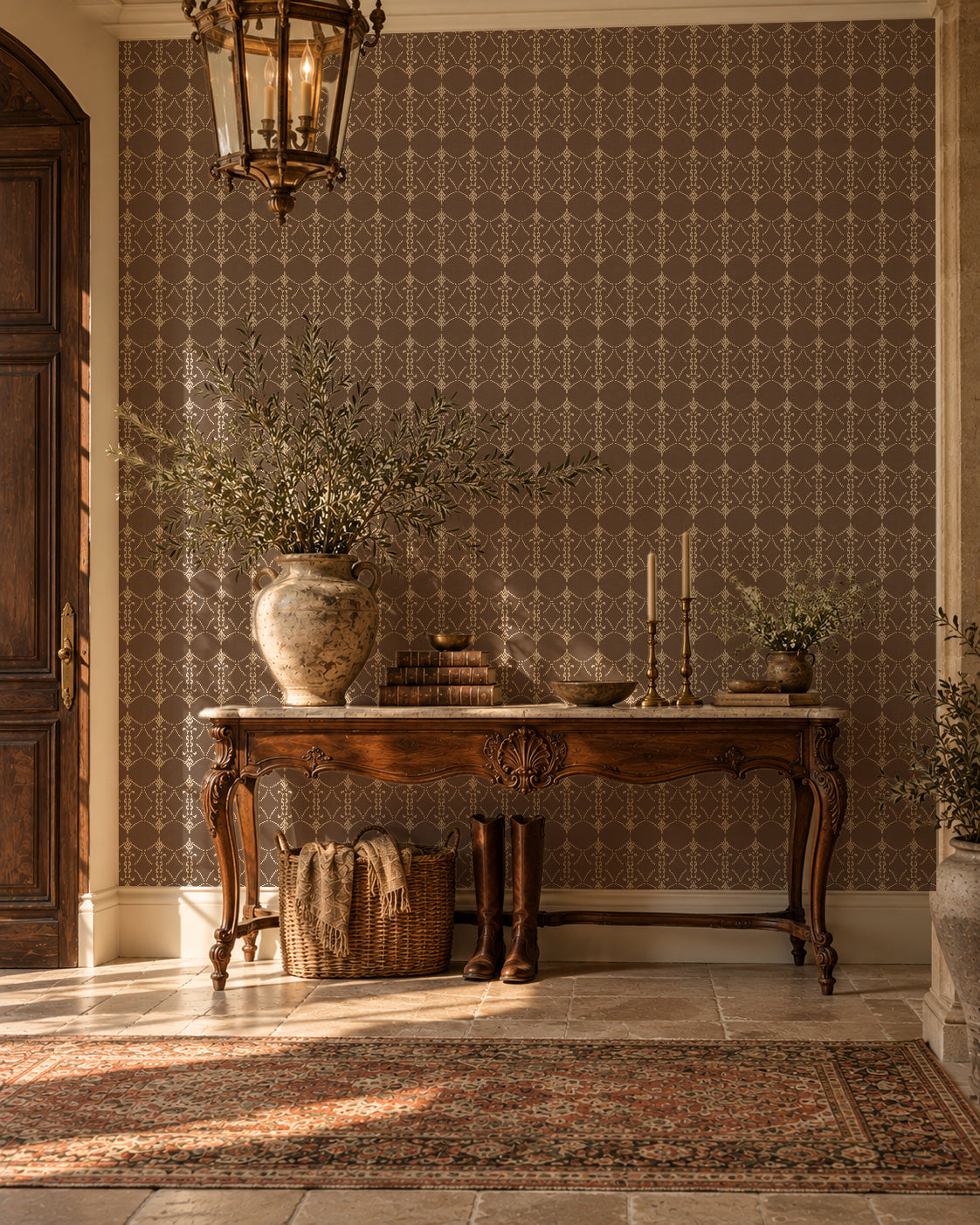 Ornamental trellis wallpaper in mocha with vintage decor setting.