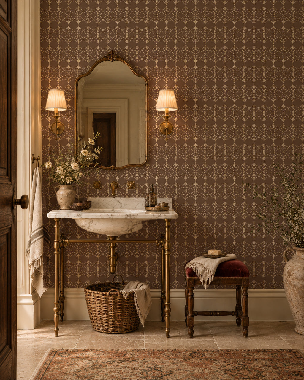 Vintage ornamental trellis mocha wallpaper in elegant bathroom setting.