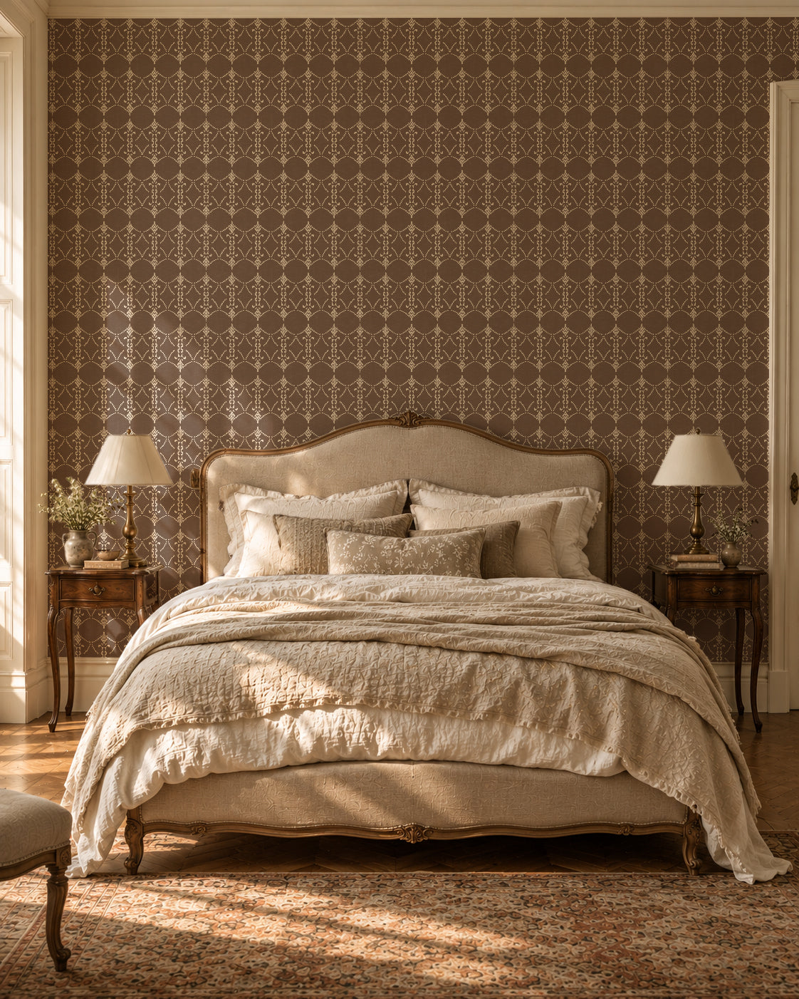 Vintage ornamental trellis mocha wallpaper in elegant bedroom setting.