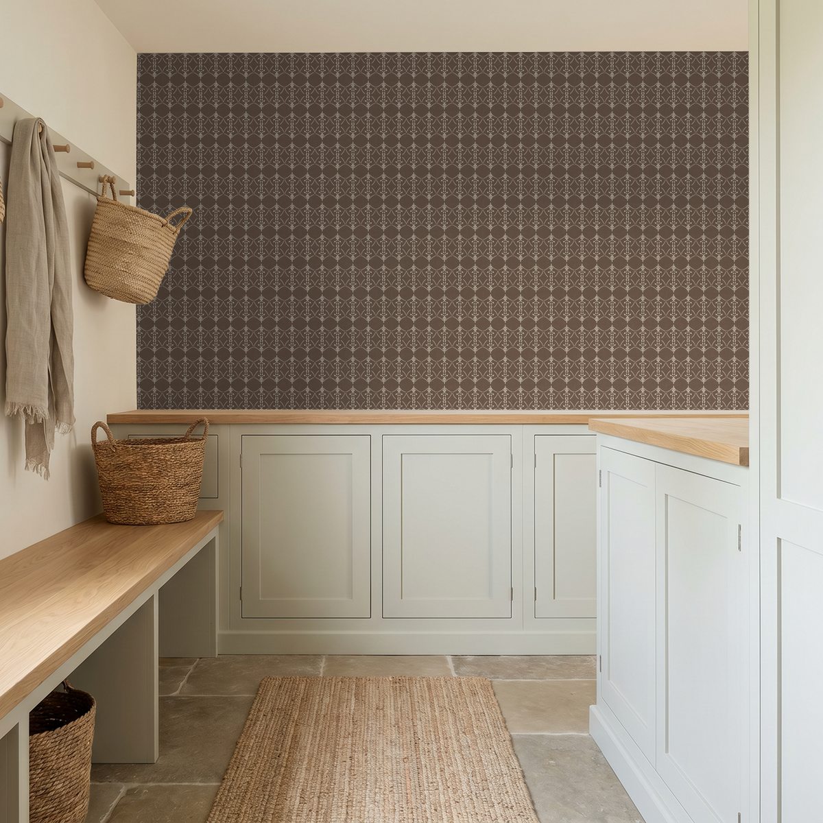 Vintage ornamental trellis mocha wallpaper in a modern mudroom setting.
