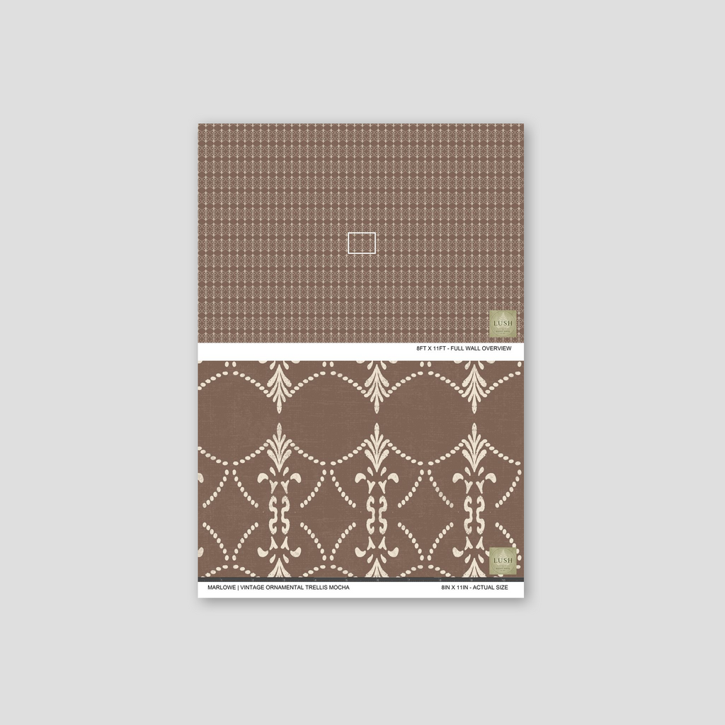 Vintage ornamental trellis wallpaper in mocha with intricate white detailing.