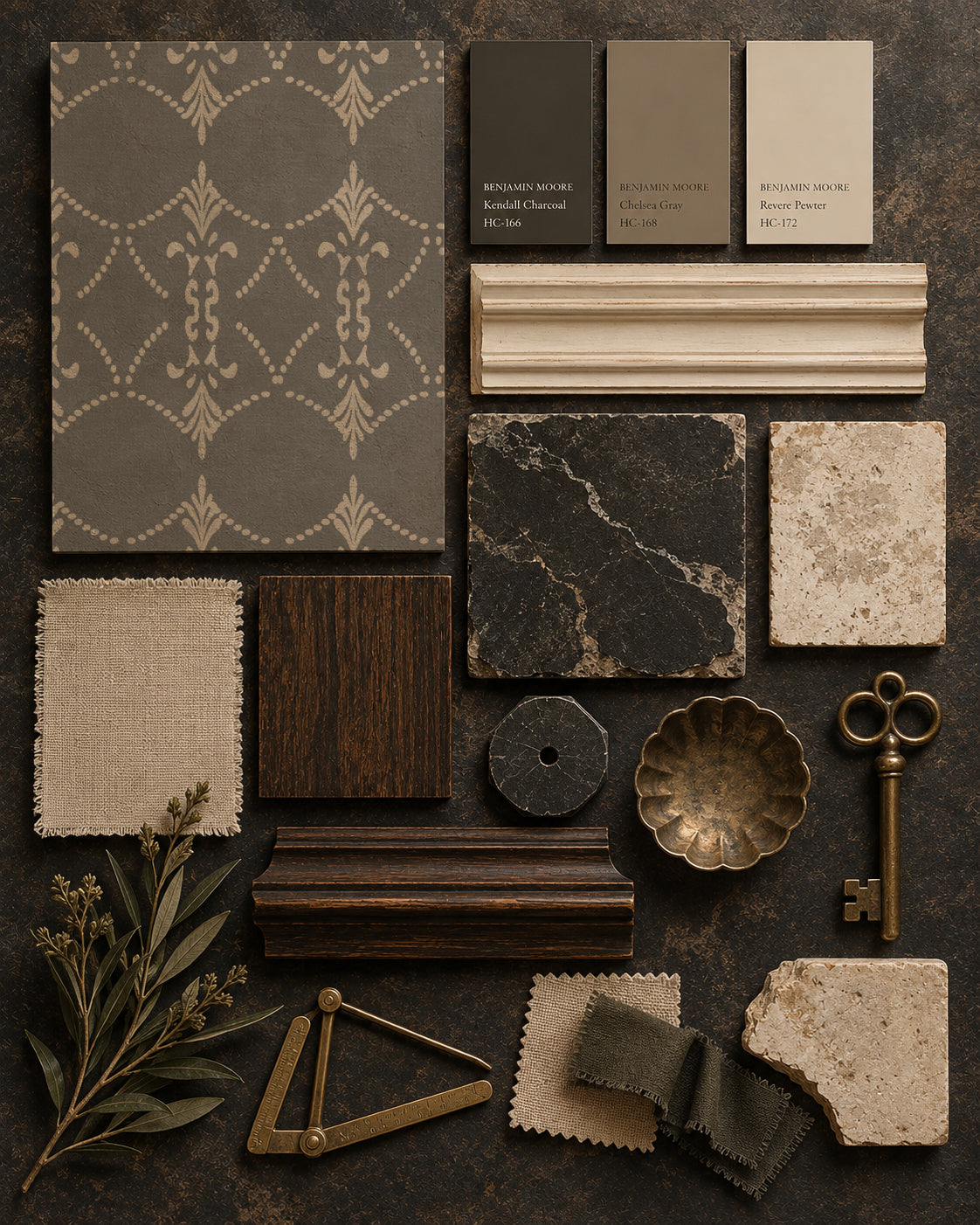 Vintage ornamental trellis slate wallpaper with decor samples.