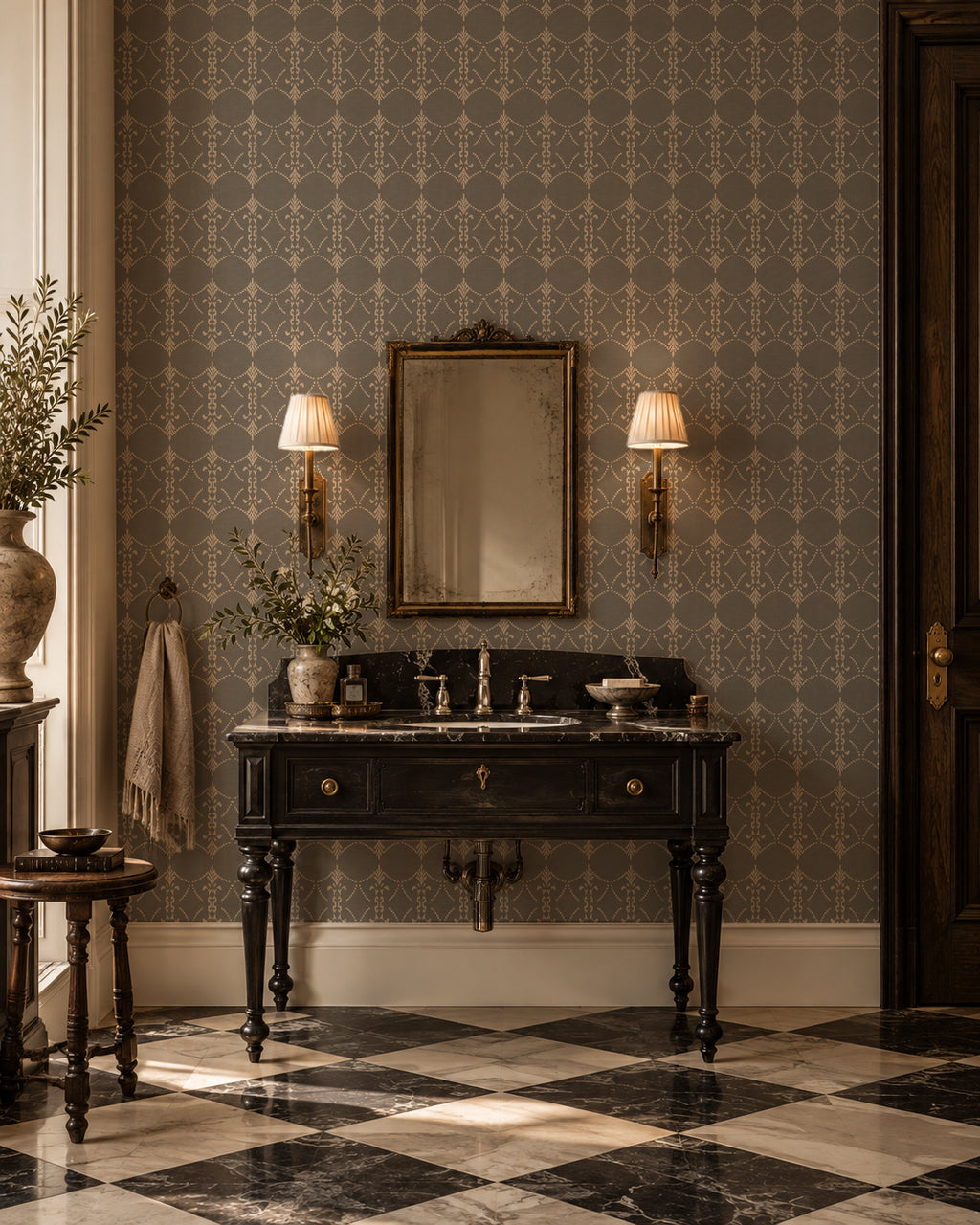 Vintage ornamental trellis slate wallpaper in elegant bathroom setting.