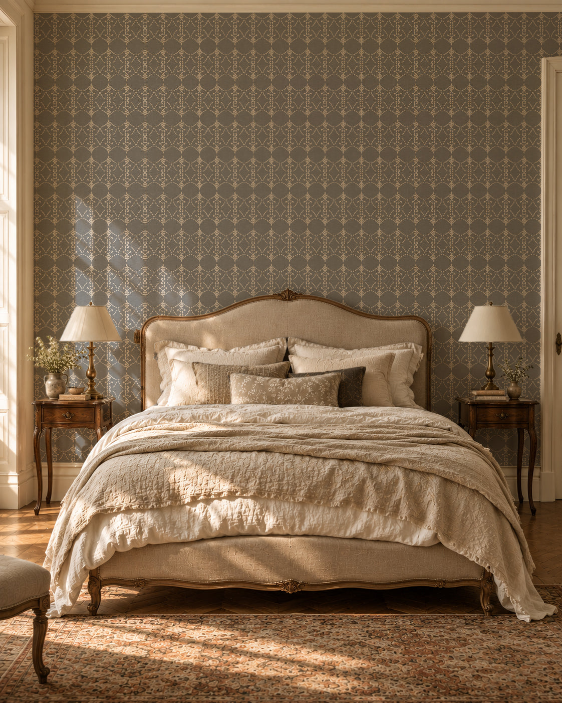 Vintage ornamental trellis slate wallpaper in elegant bedroom setting with classic furniture.