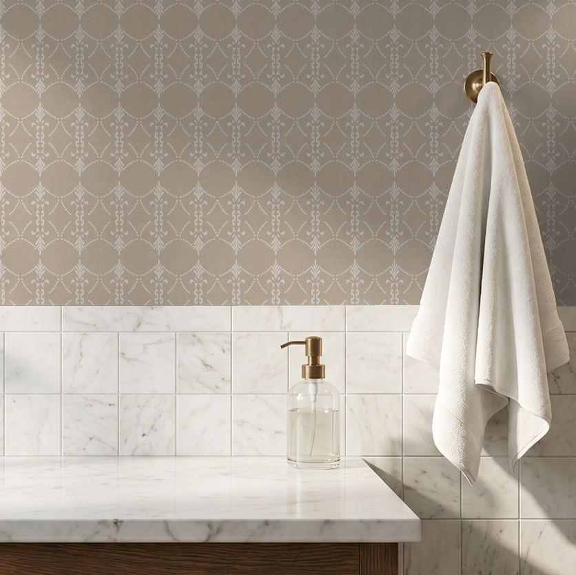 Vintage ornamental trellis wallpaper in taupe and ivory in a bathroom setting.