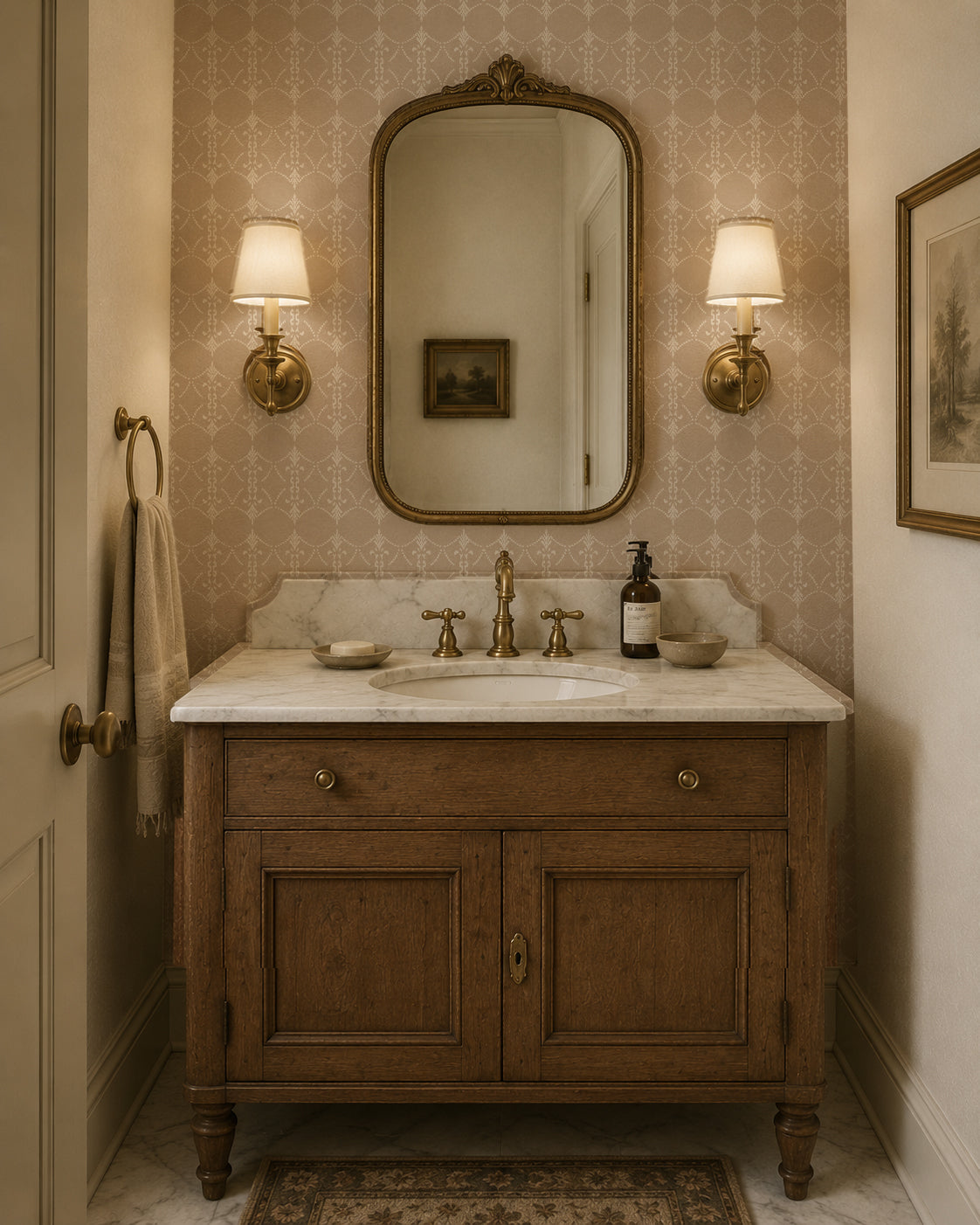 Vintage ornamental trellis wallpaper in taupe and ivory in elegant bathroom setting.