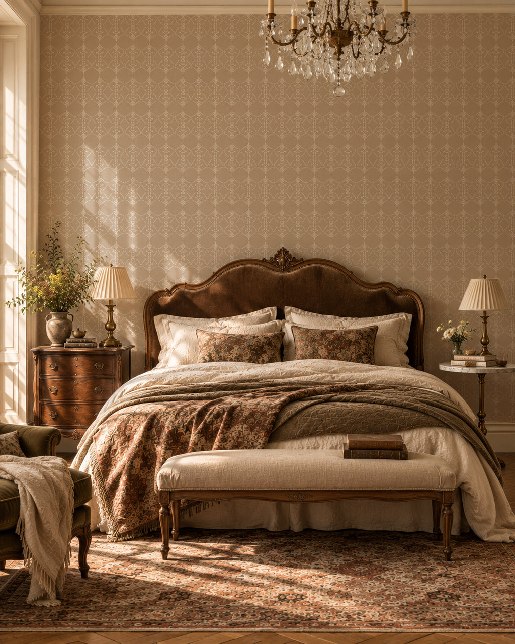 Vintage ornamental trellis wallpaper in taupe and ivory in an elegant bedroom setting.
