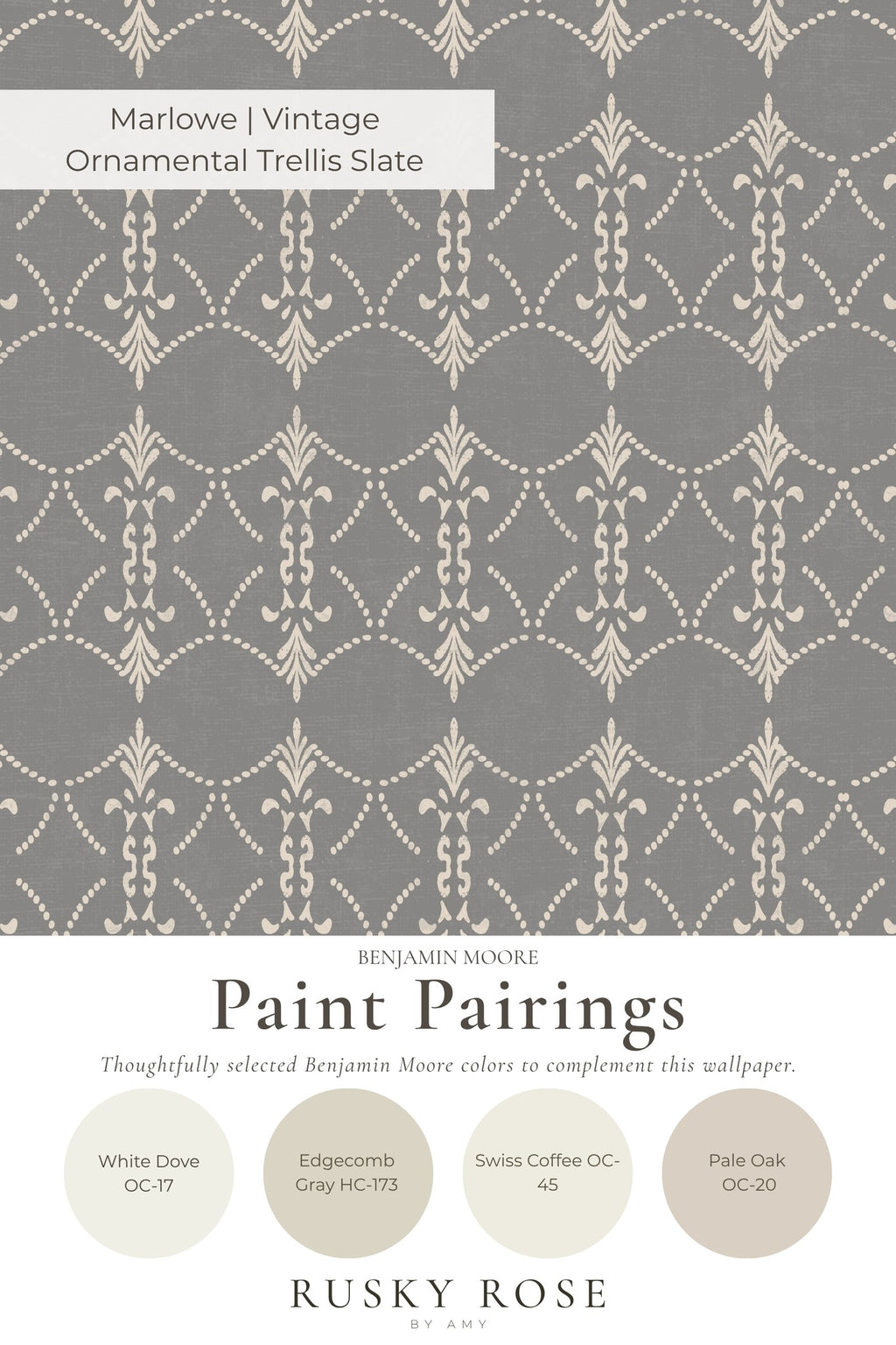 Vintage ornamental trellis wallpaper in soft grey and cream with damask motifs.