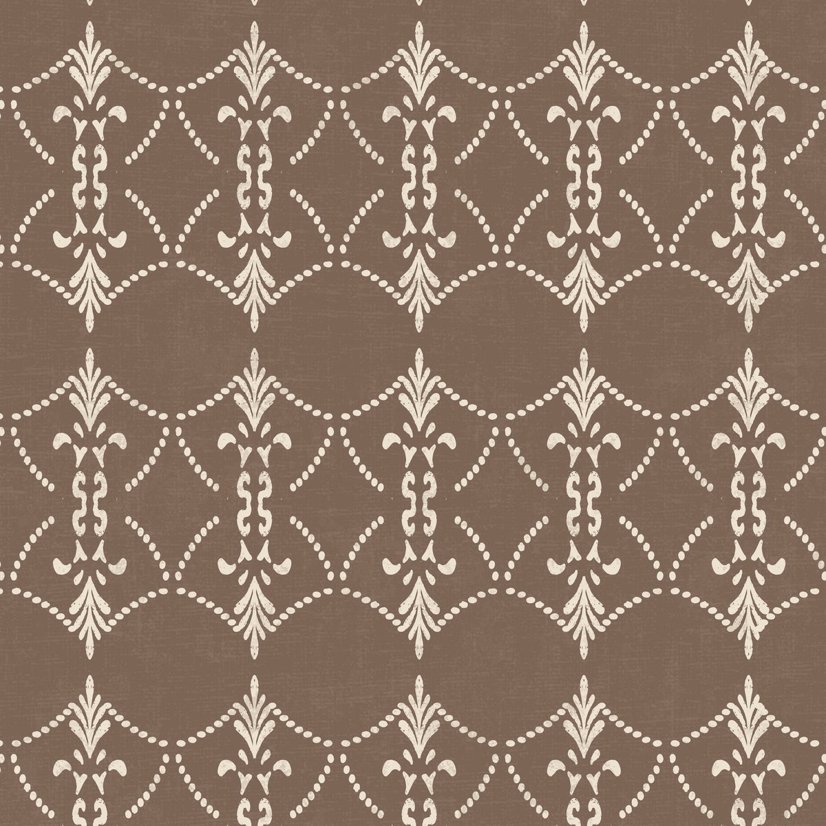 Vintage ornamental trellis wallpaper in mocha with intricate white detailing.