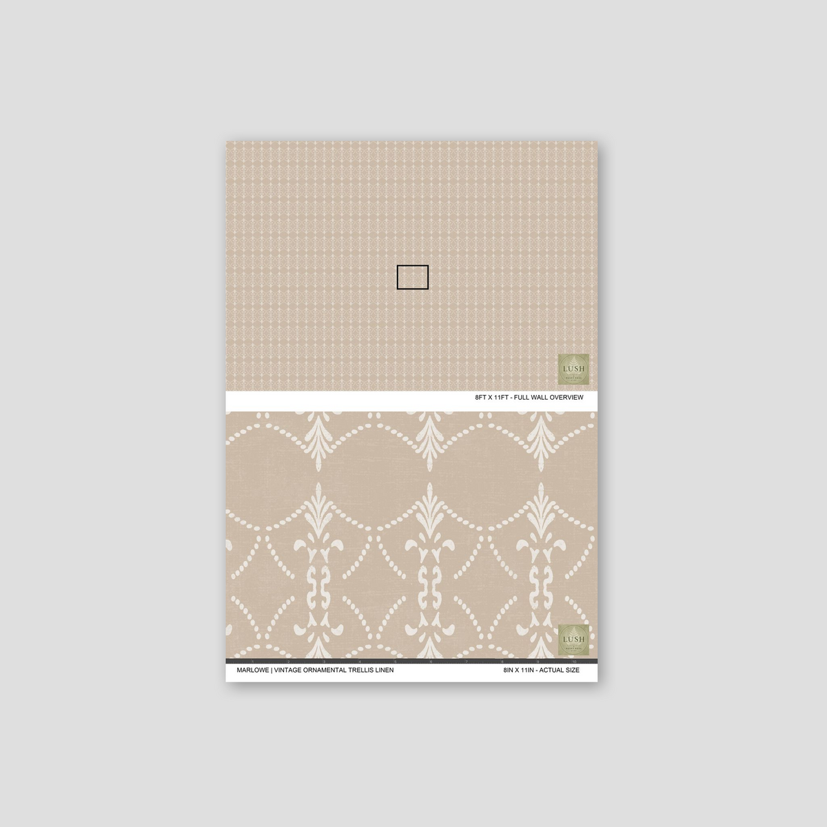 Vintage ornamental trellis wallpaper in taupe and ivory with intricate motifs.