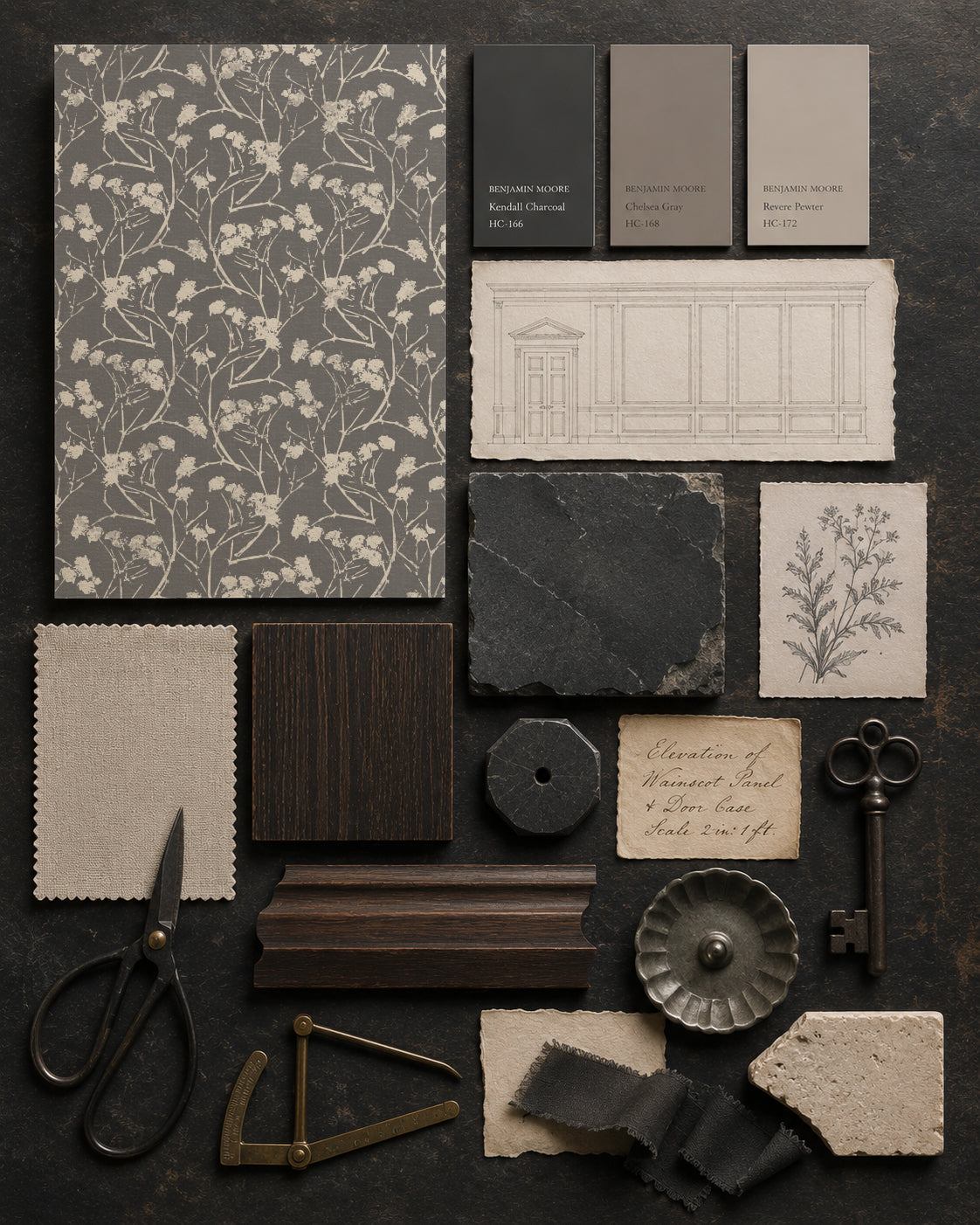 Wild Meadow Slate floral wallpaper sample with vintage decor elements.