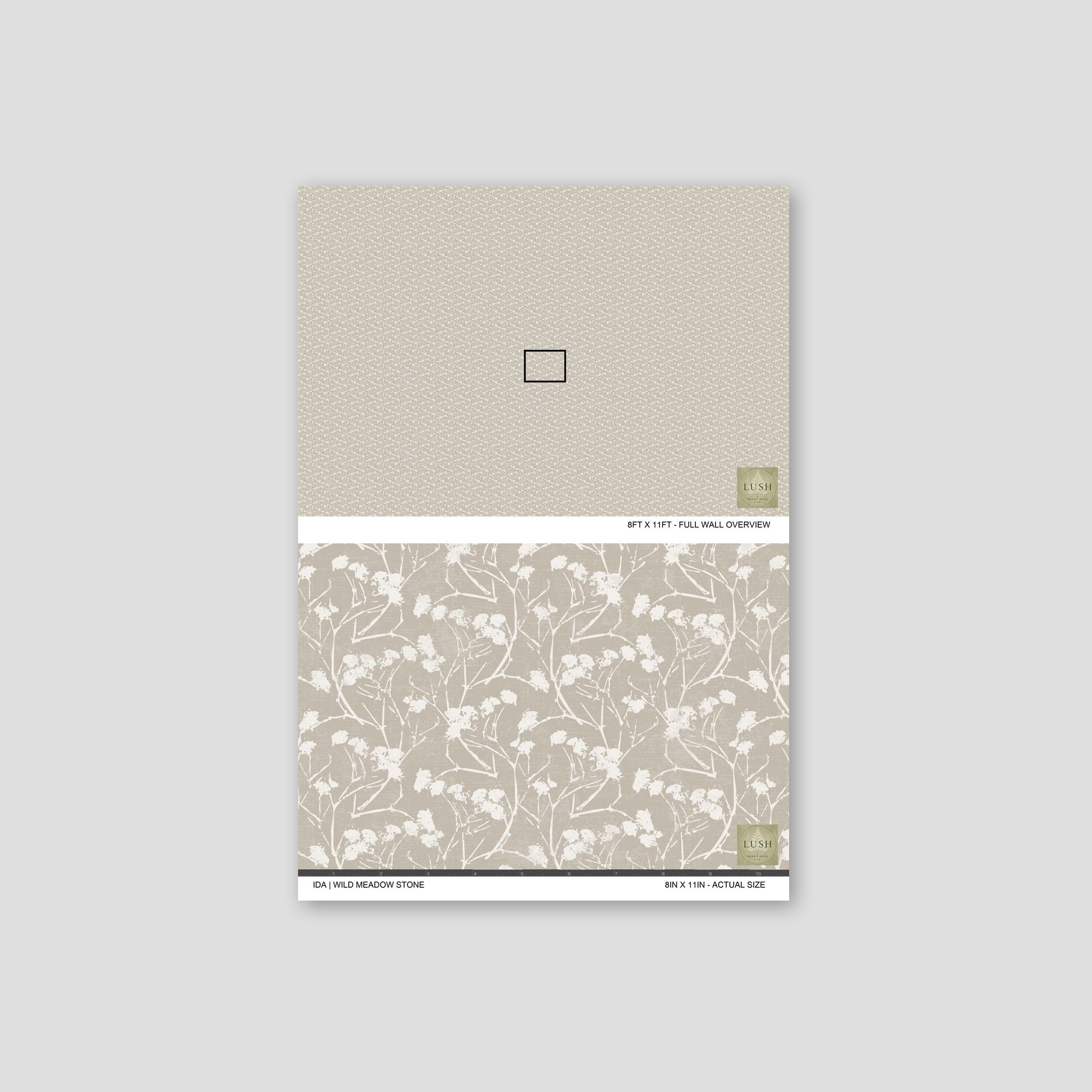 Wild meadow stone floral wallpaper sample with delicate white silhouettes on a soft stone background.