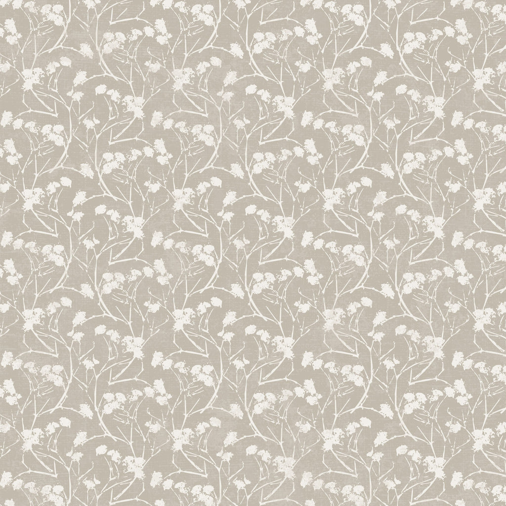 Wild meadow stone wallpaper with delicate white floral silhouettes on a neutral backdrop.