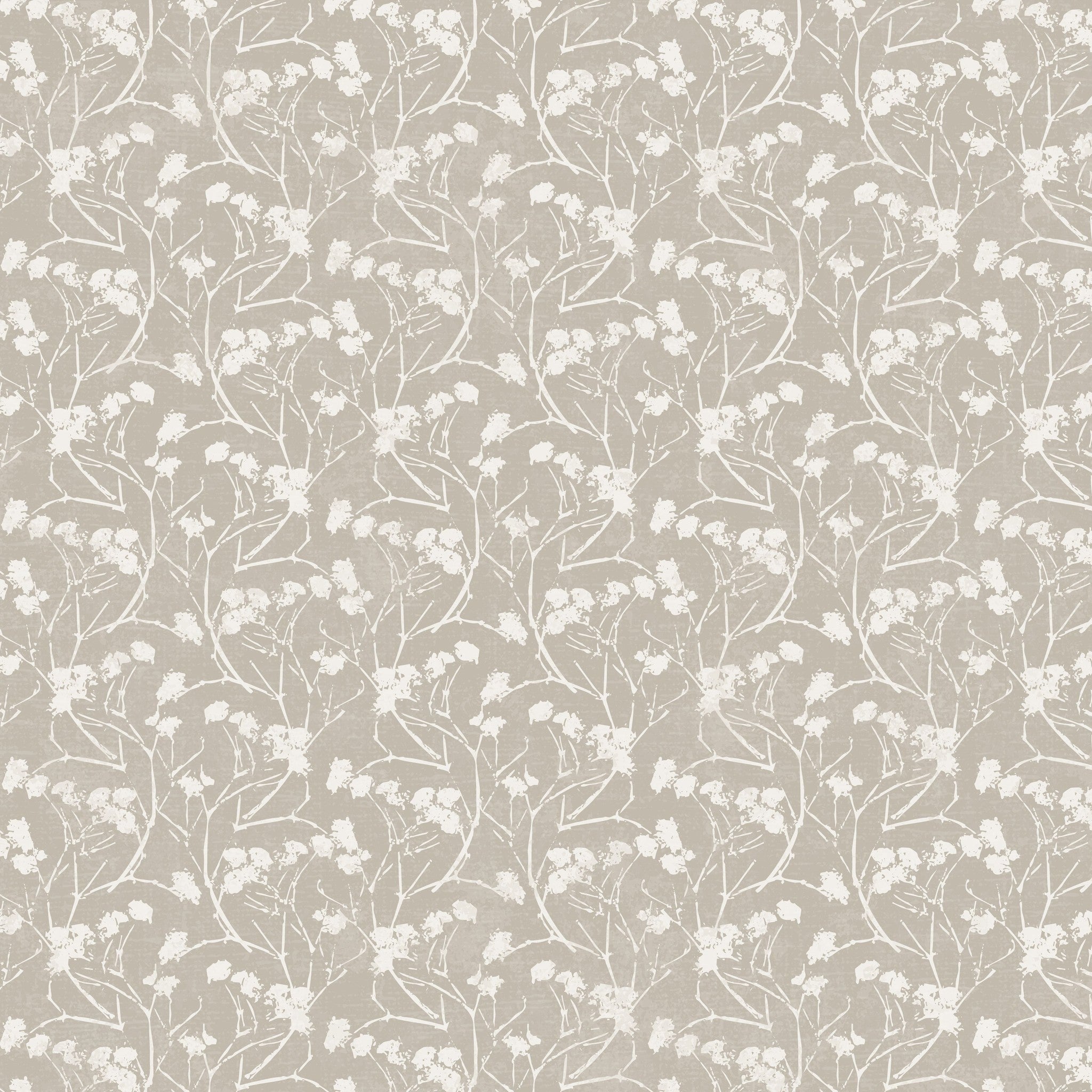 Wild meadow stone wallpaper with delicate white floral silhouettes on a neutral backdrop.