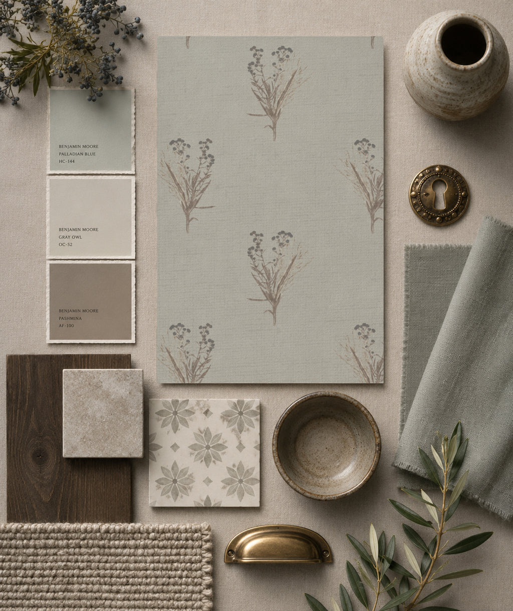 Wildflower botanical wallpaper sample in muted tones with rustic decor elements.
