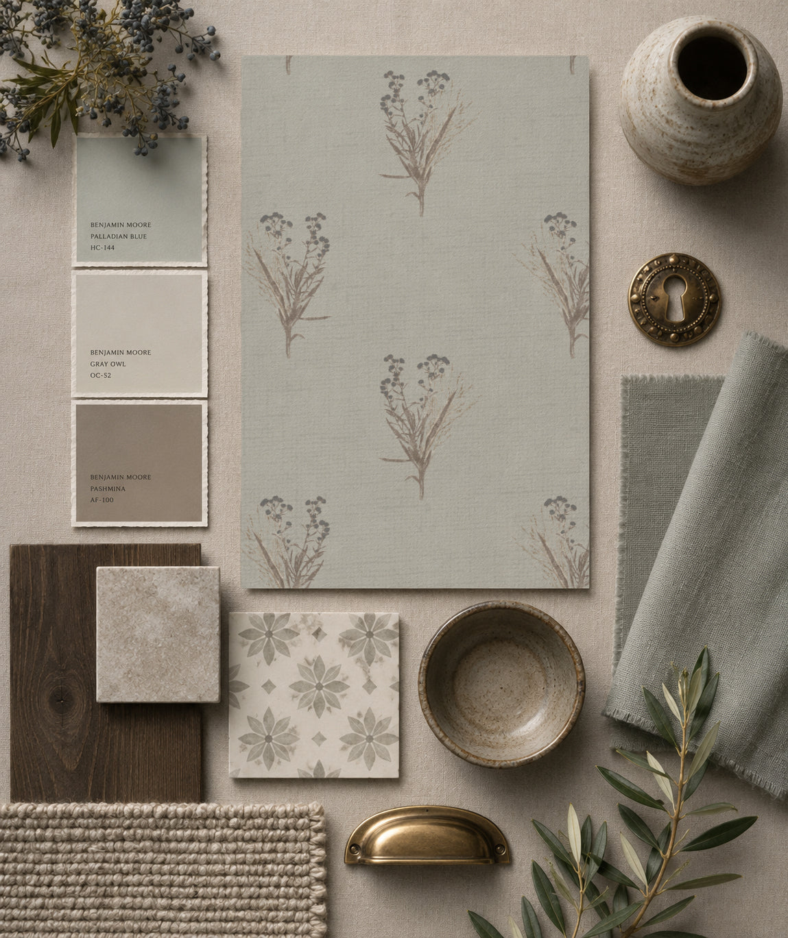 Wildflower botanical wallpaper sample in muted tones with rustic decor elements.