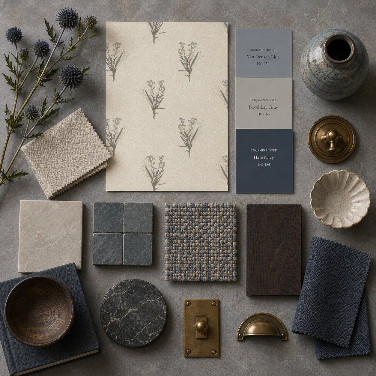 Cream wallpaper sample with grey wildflower motifs, surrounded by fabric and tile swatches on a gray surface.