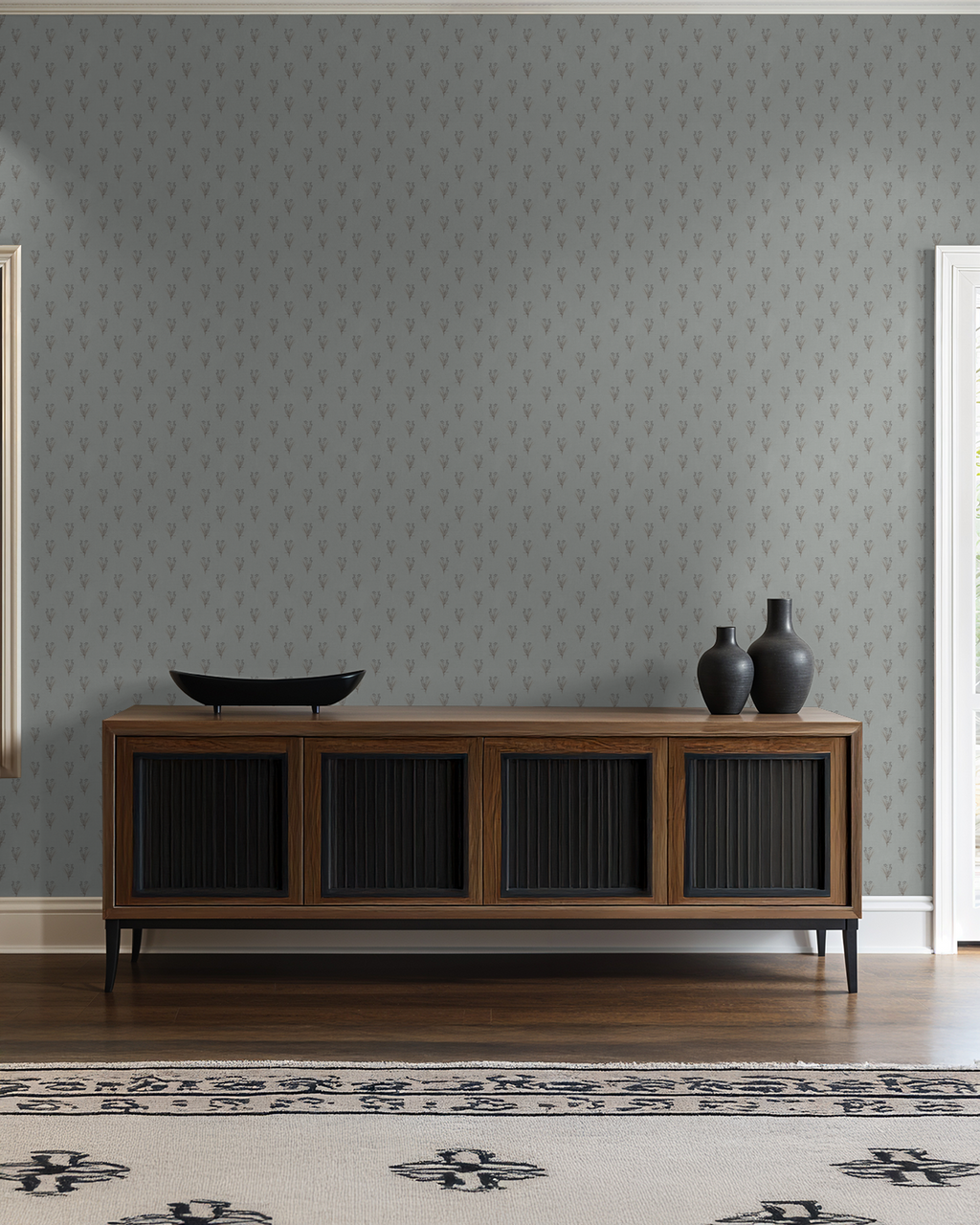 Wildflower bouquet wallpaper in French blue with floral pattern in living room setting.