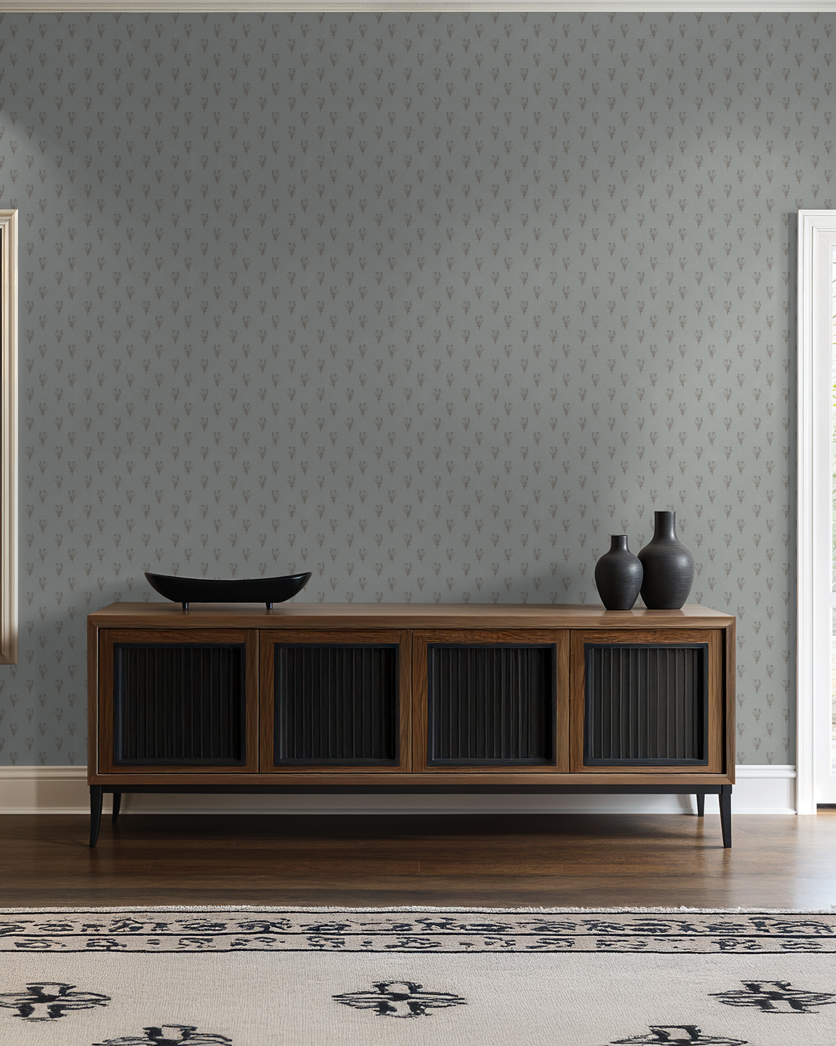 Wildflower bouquet wallpaper in French blue with floral pattern in living room setting.
