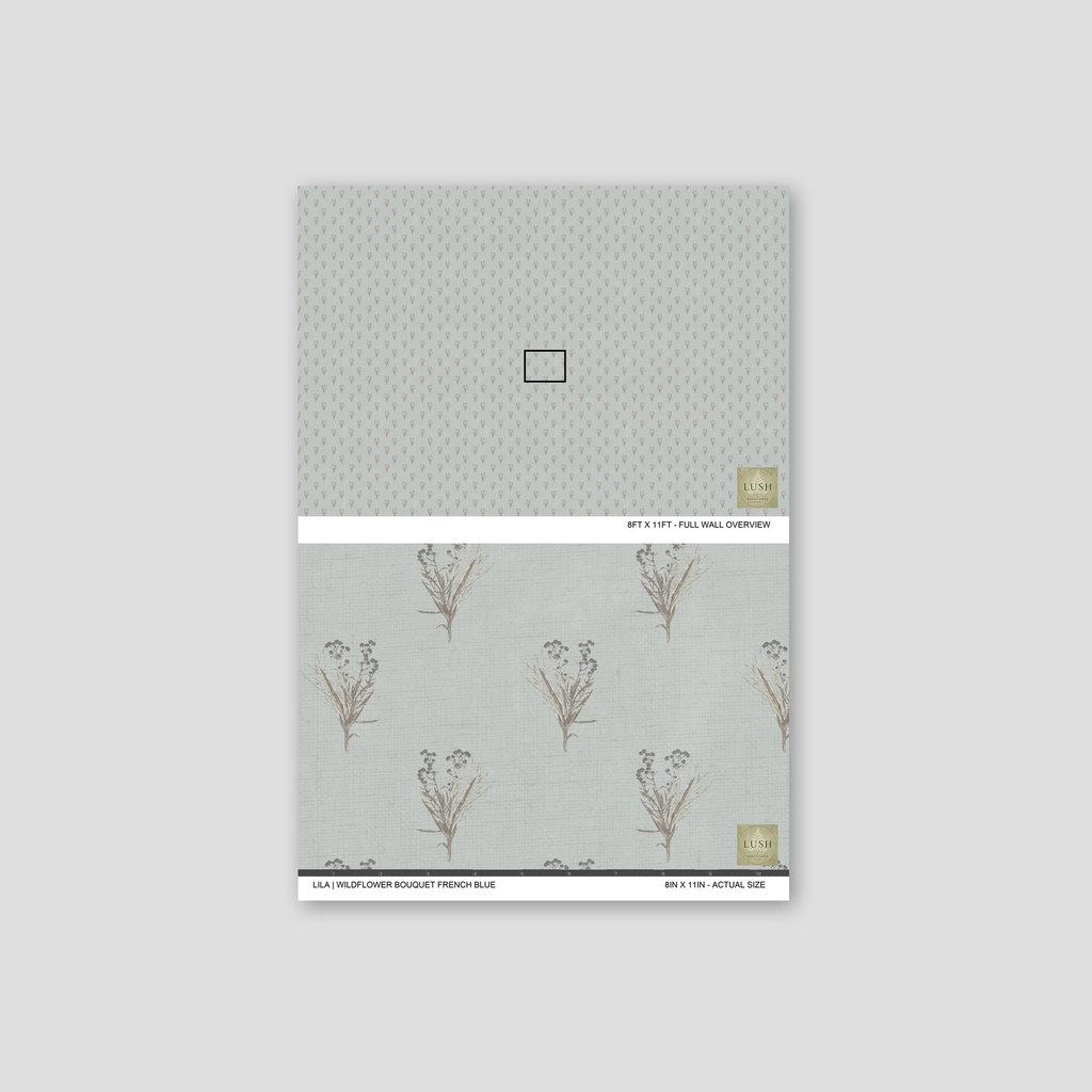 Wildflower bouquet wallpaper in French blue with delicate botanical motifs