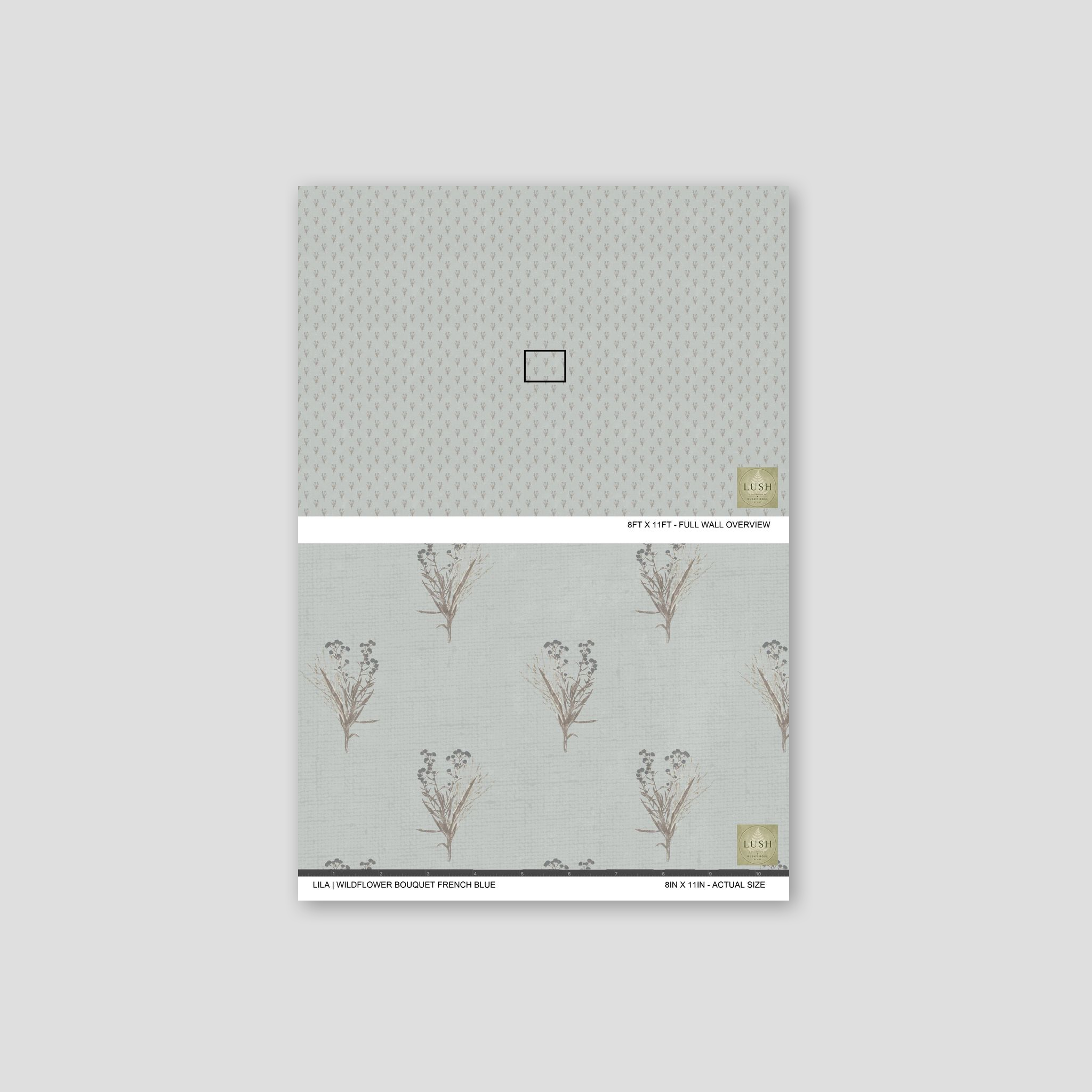 Wildflower bouquet wallpaper in French blue with delicate botanical motifs